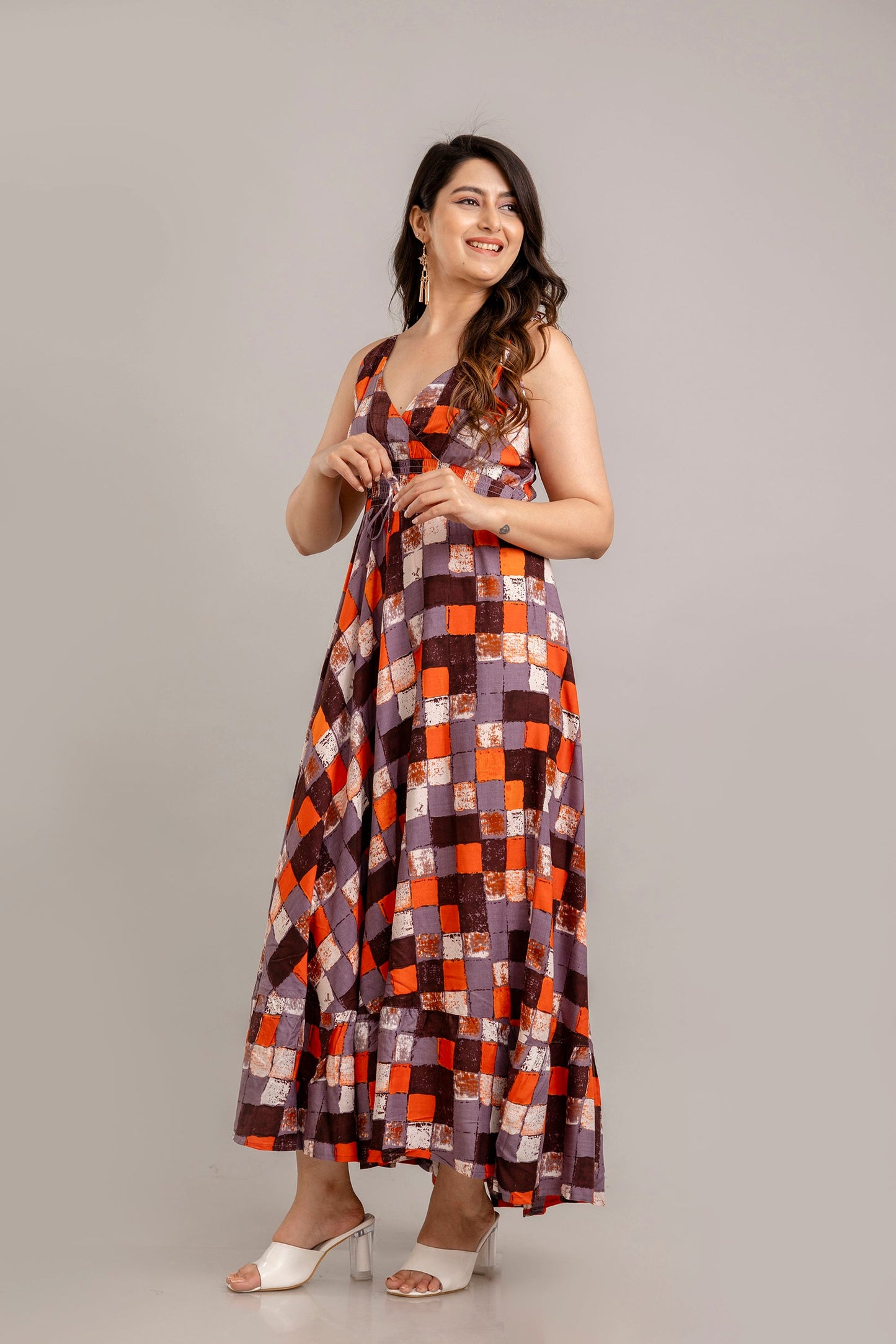 Multi Geometric Printed Sleeveless Fit and Flare Maxi Dress - SHKUP1368