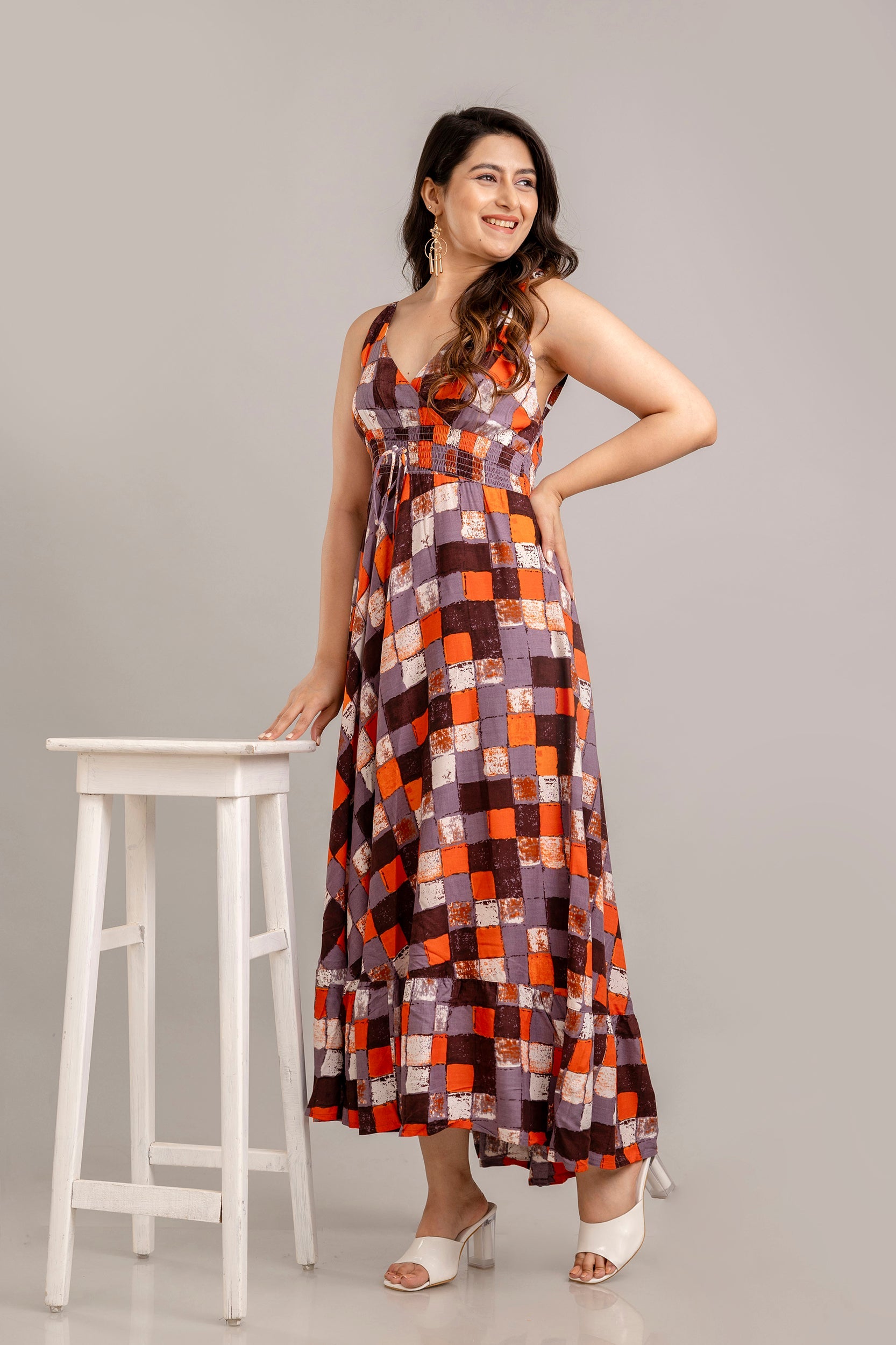 Multi Geometric Printed Sleeveless Fit and Flare Maxi Dress - SHKUP1368