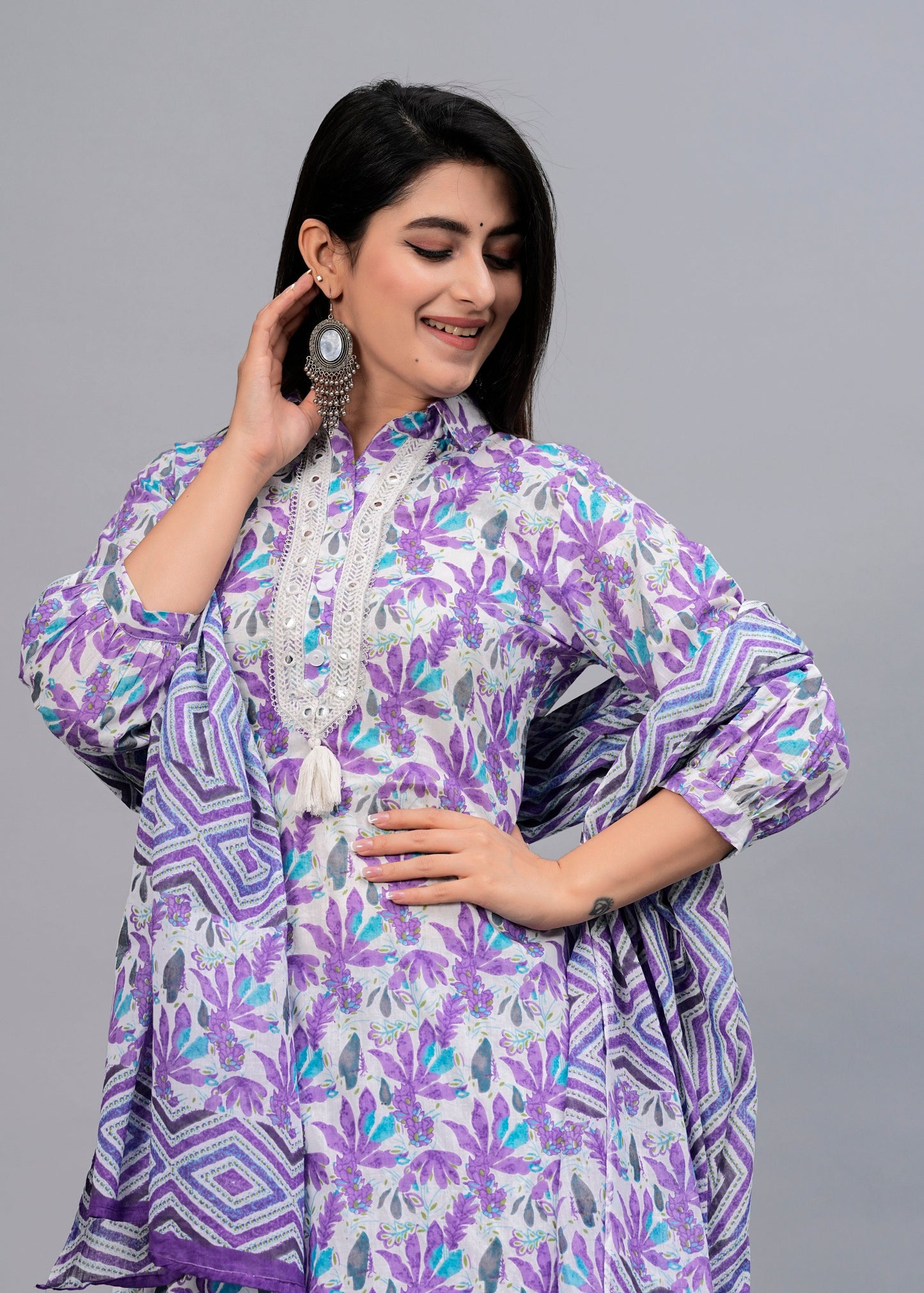 Lavender Floral Mirror Work Kurta with Pyjamas & Dupatta