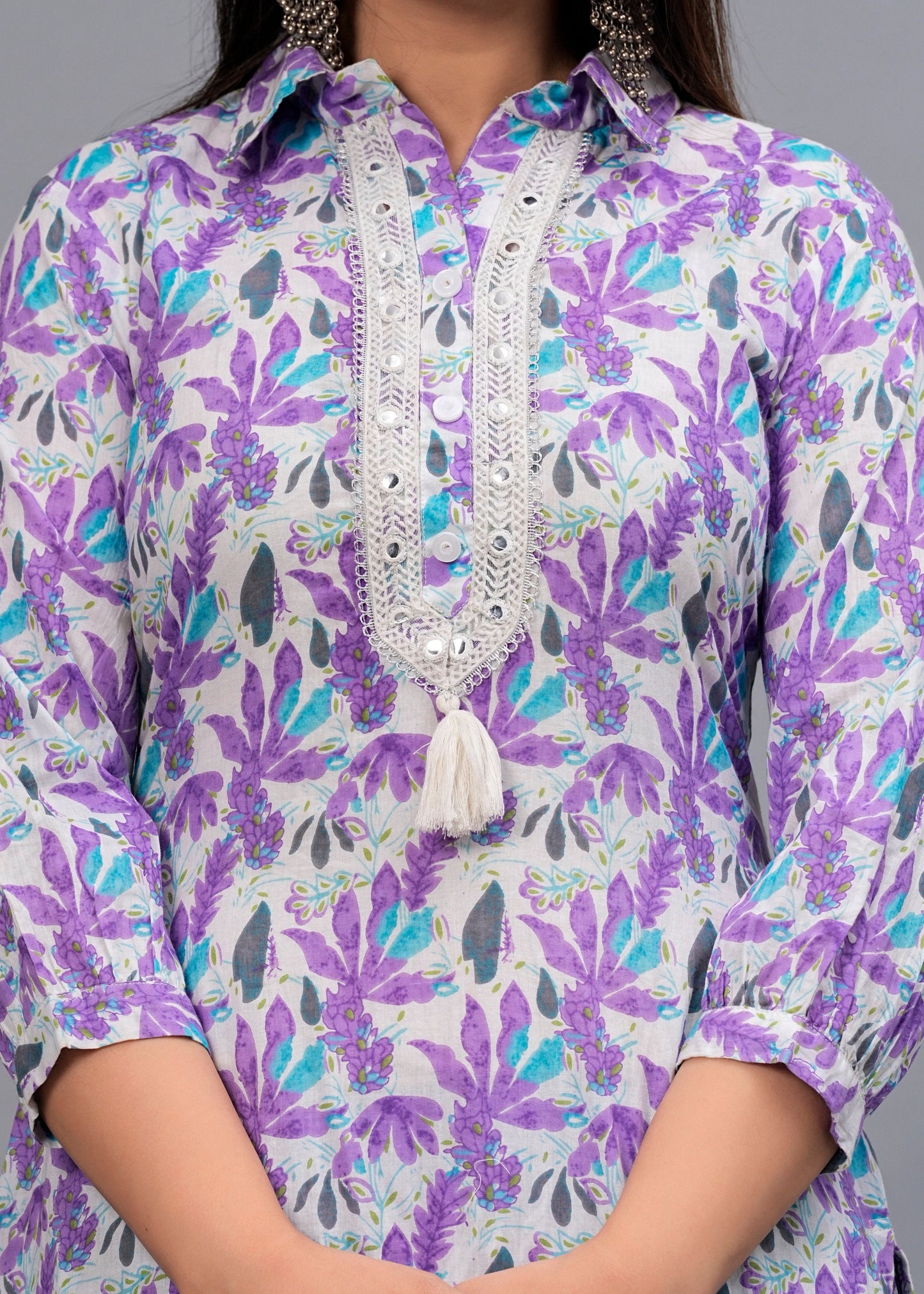 Lavender Floral Mirror Work Kurta with Pyjamas & Dupatta