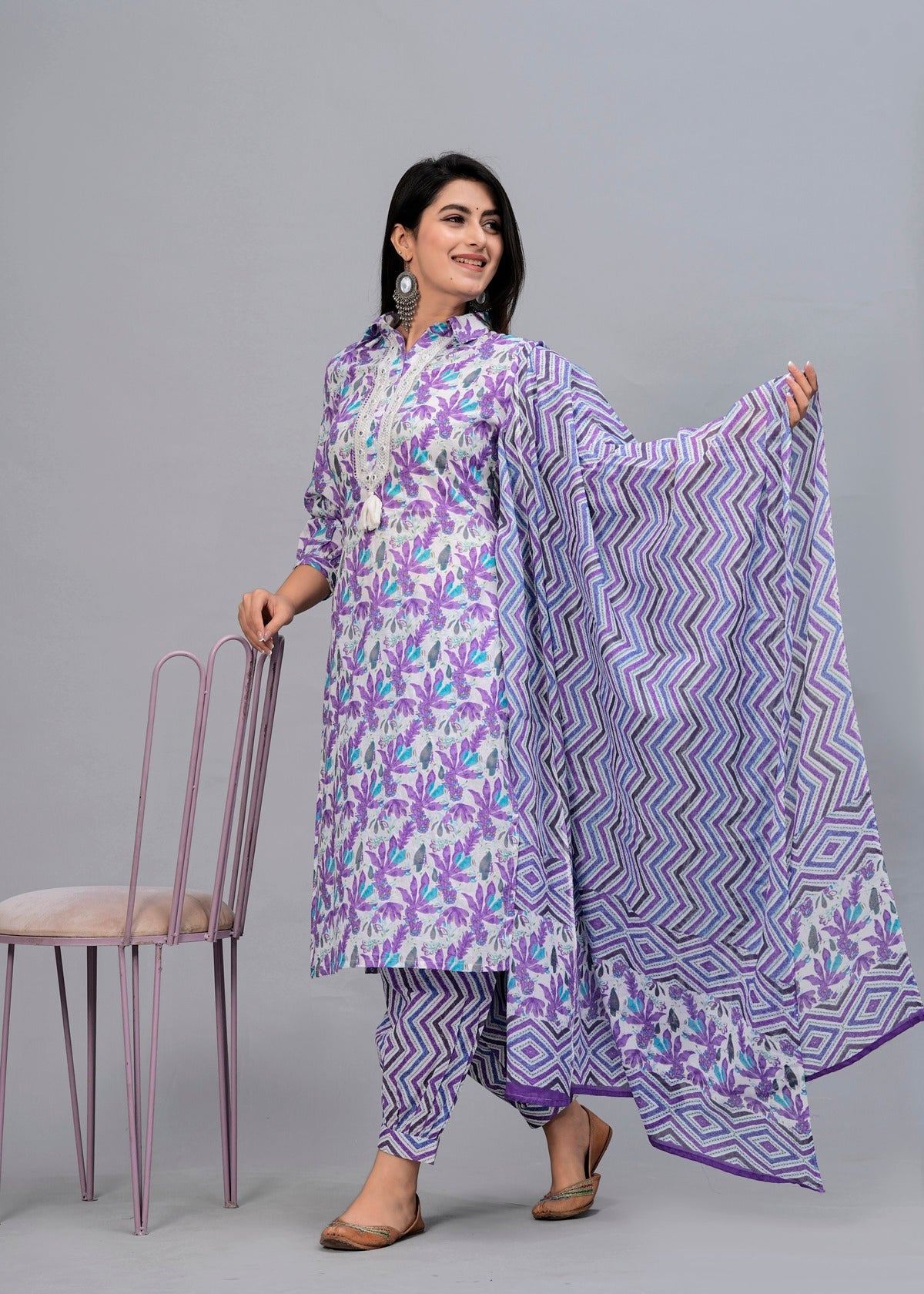 Lavender Floral Mirror Work Kurta with Pyjamas & Dupatta