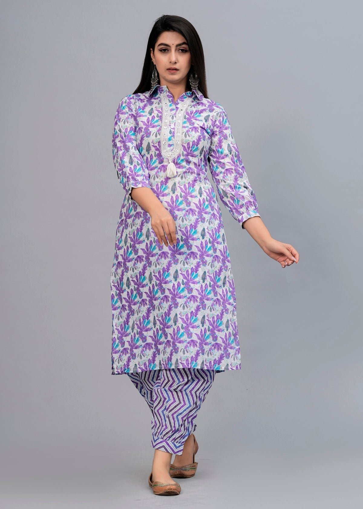 Lavender Floral Mirror Work Kurta with Pyjamas & Dupatta