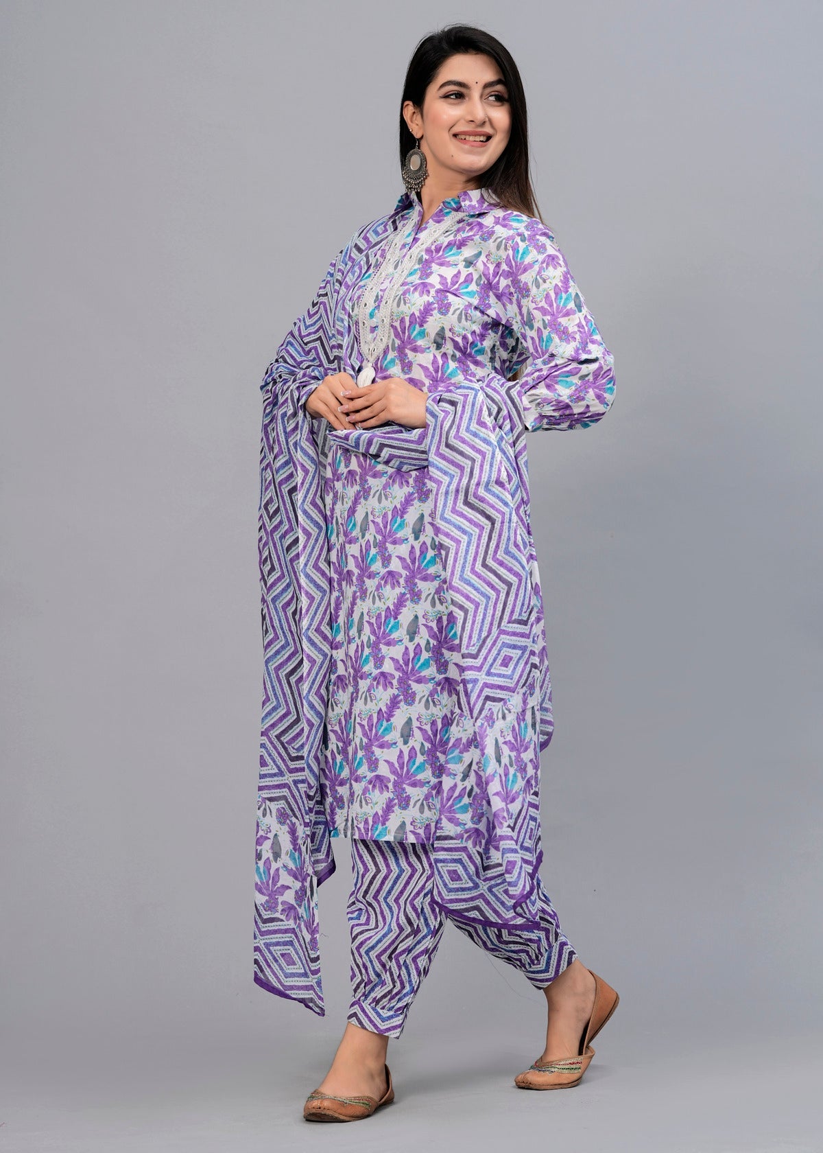 Lavender Floral Mirror Work Kurta with Pyjamas & Dupatta