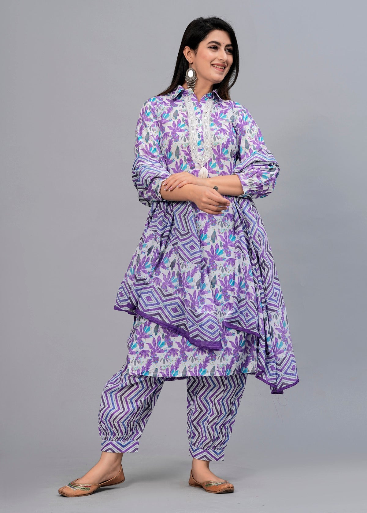 Lavender Floral Mirror Work Kurta with Pyjamas & Dupatta