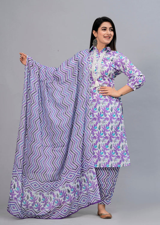 Lavender Floral Mirror Work Kurta with Pyjamas & Dupatta