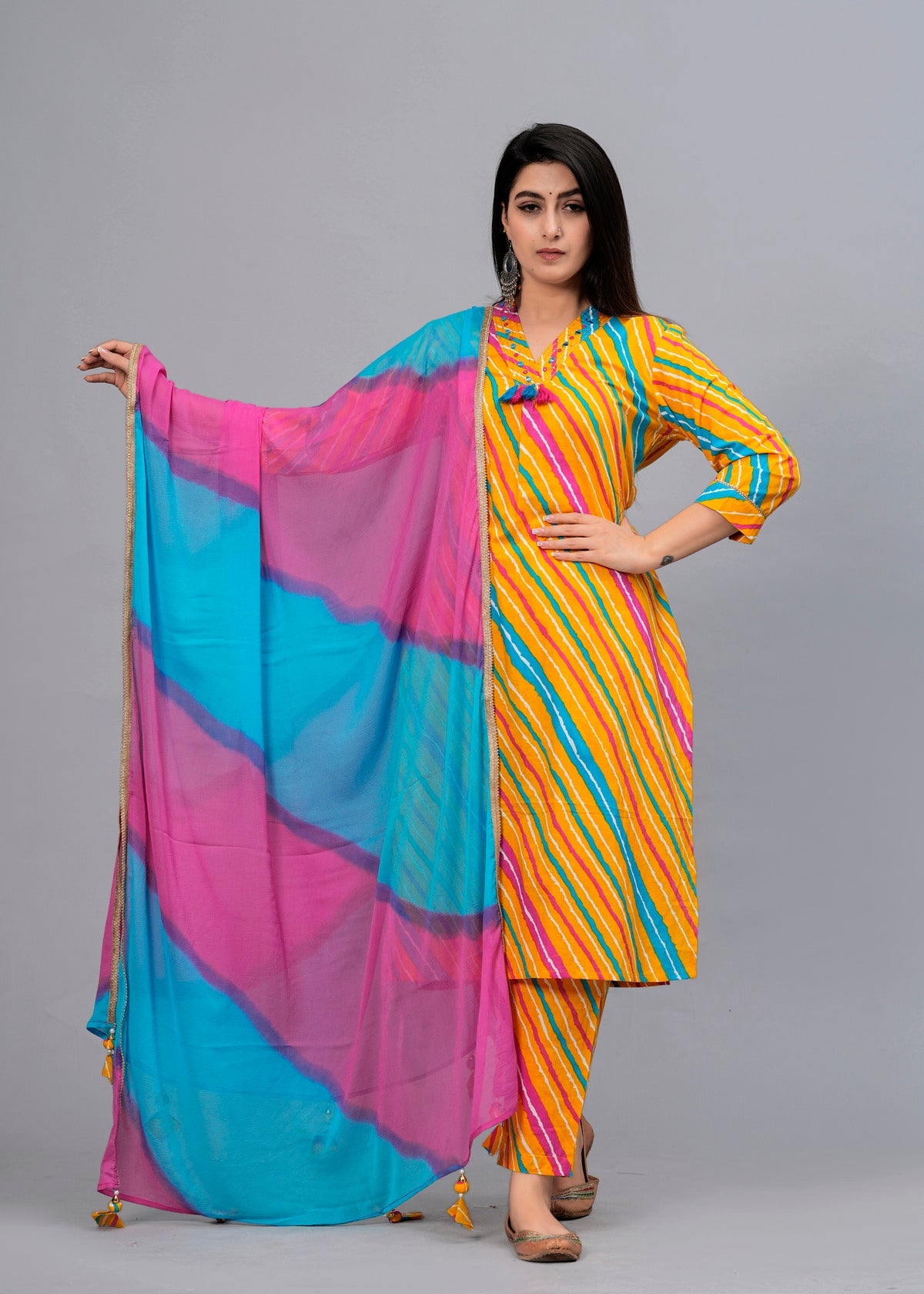 Women Multi Leheriya Printed Kurta with Trousers & Dupatta