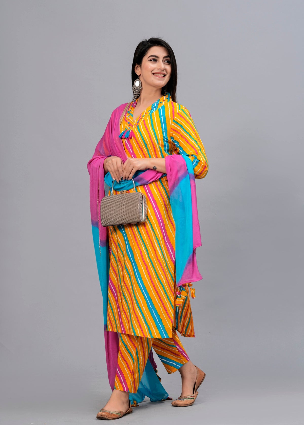 Women Multi Leheriya Printed Kurta with Trousers & Dupatta