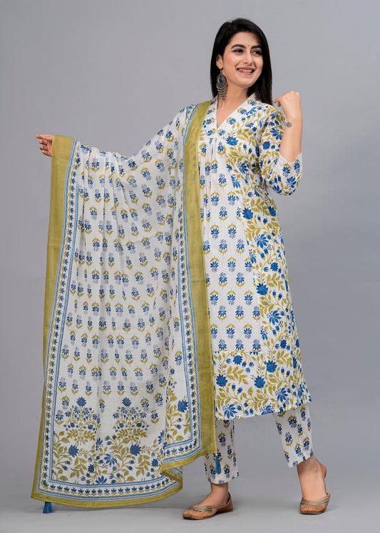 Women White & Green Floral Printed Kurta with Trousers & Dupatta