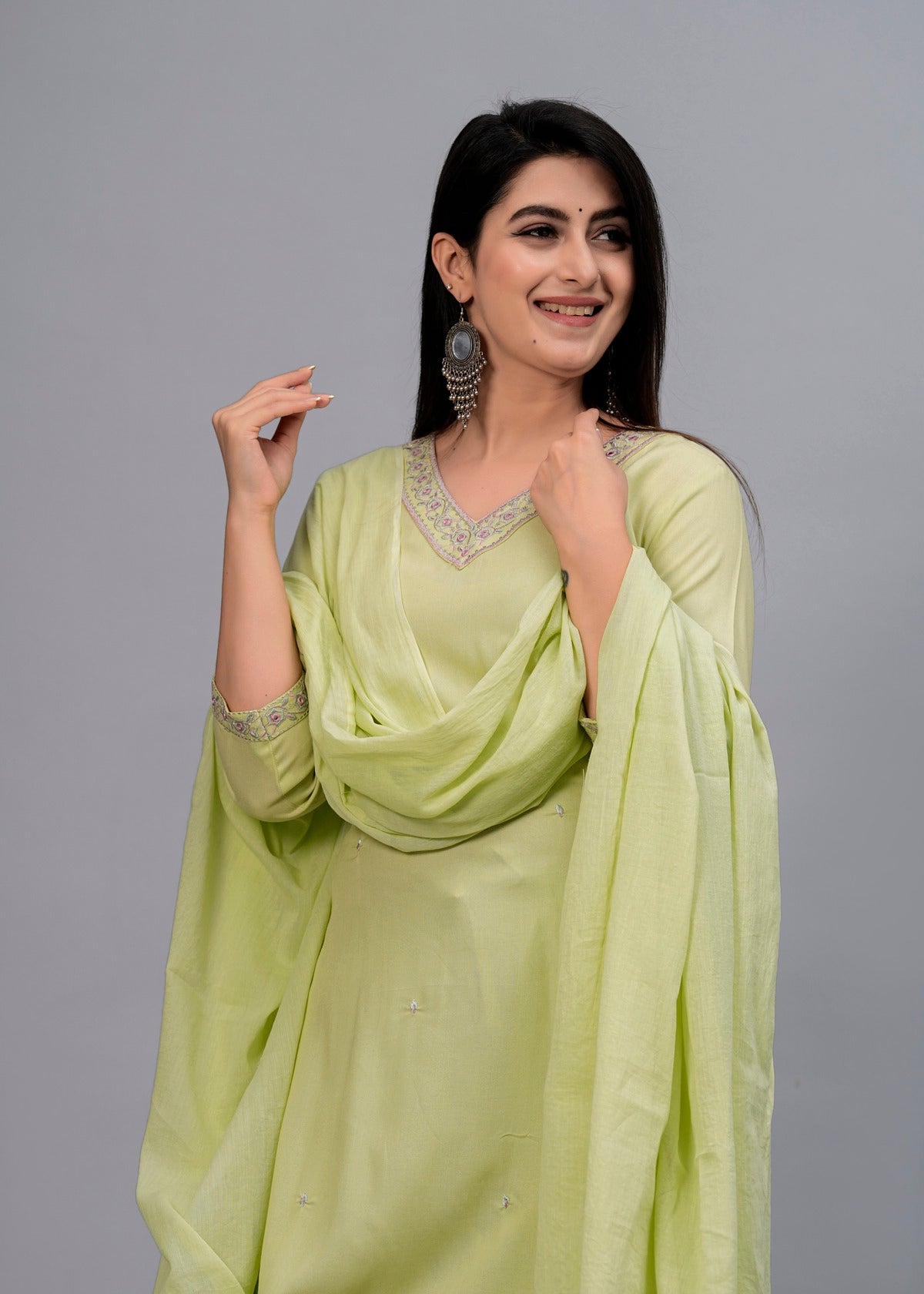 Women Olive Solid Embroidered Kurta with Trousers & Dupatta