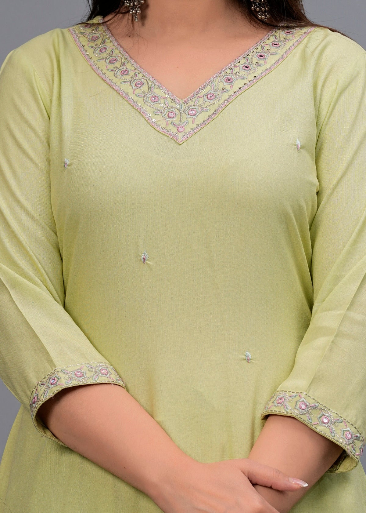 Women Olive Solid Embroidered Kurta with Trousers & Dupatta