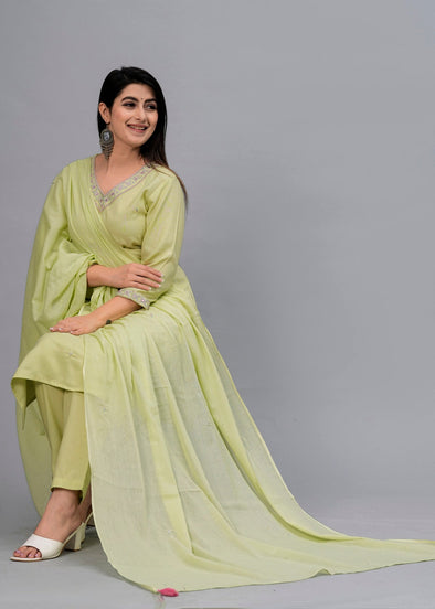 Women Olive Solid Embroidered Kurta with Trousers & Dupatta
