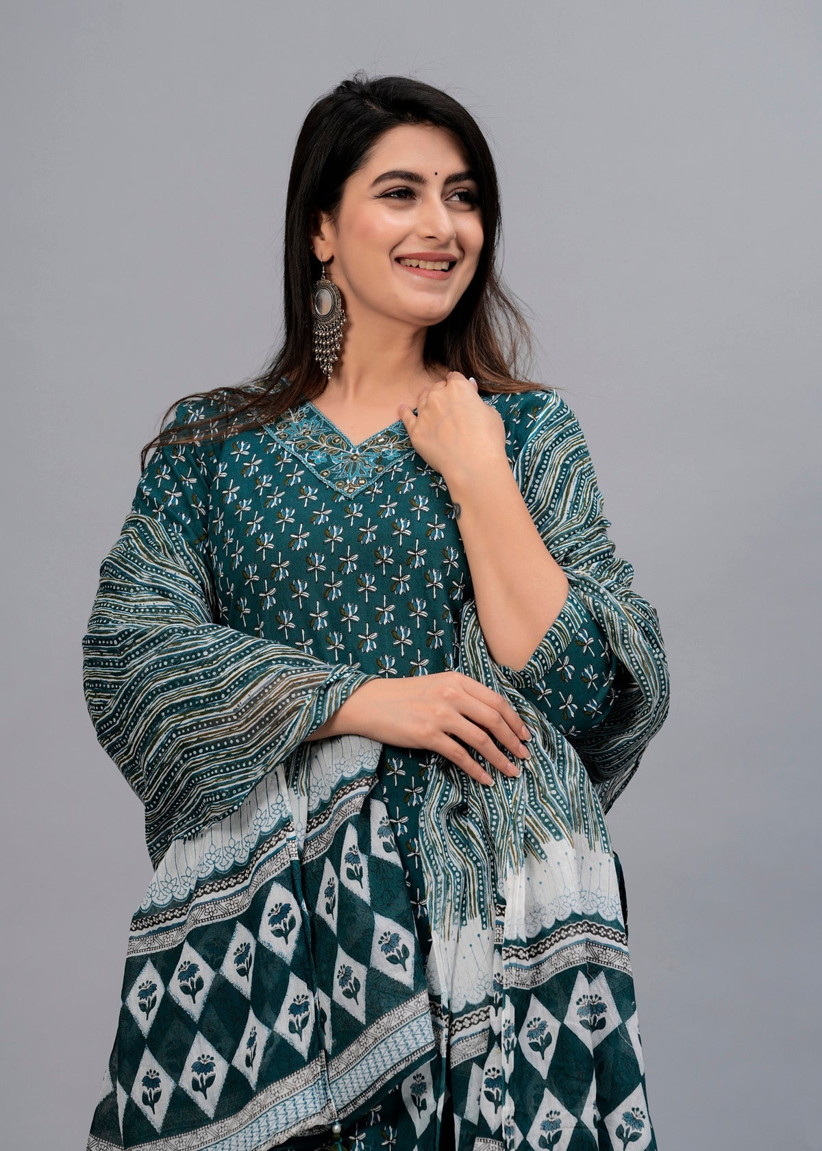 Women Opal Green Floral Printed Kurta with Trousers & Dupatta