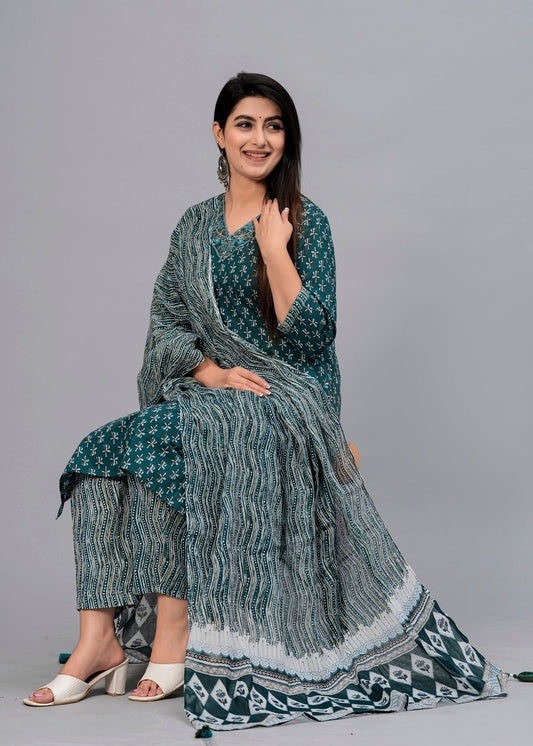 Women Opal Green Floral Printed Kurta with Trousers & Dupatta