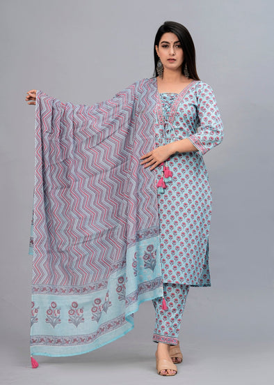 Women Turquoise Blue Floral Printed Kurta with Trousers & Dupatta