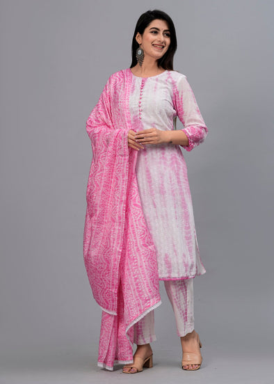 Women Pink Abstract Woven Design Kurta with Trousers & Dupatta
