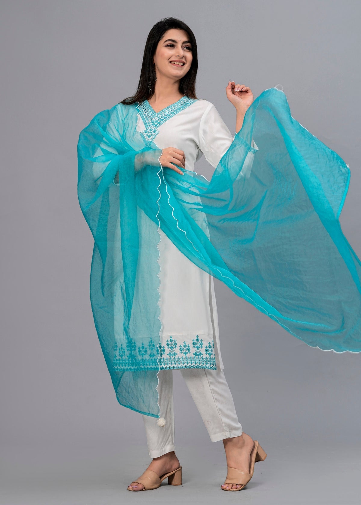 Women White Solid Embroidered Kurta with Trousers & Dupatta