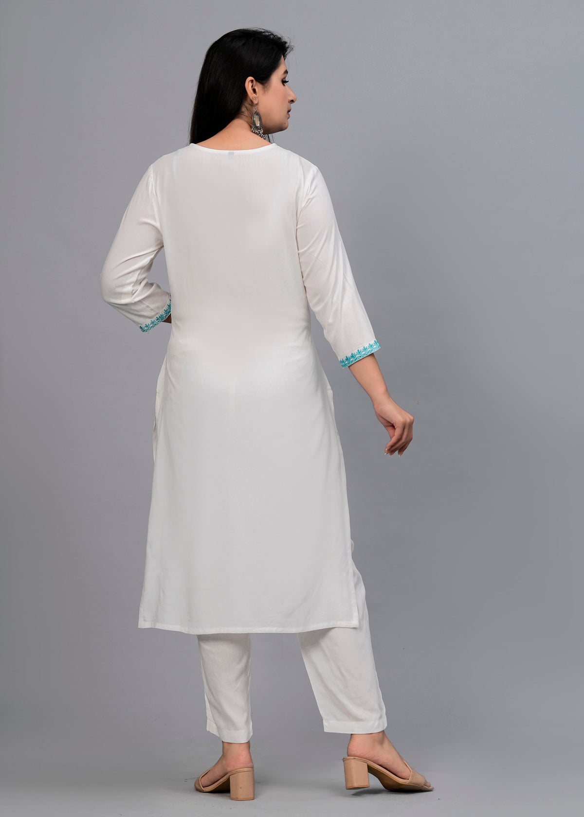 Women White Solid Embroidered Kurta with Trousers & Dupatta