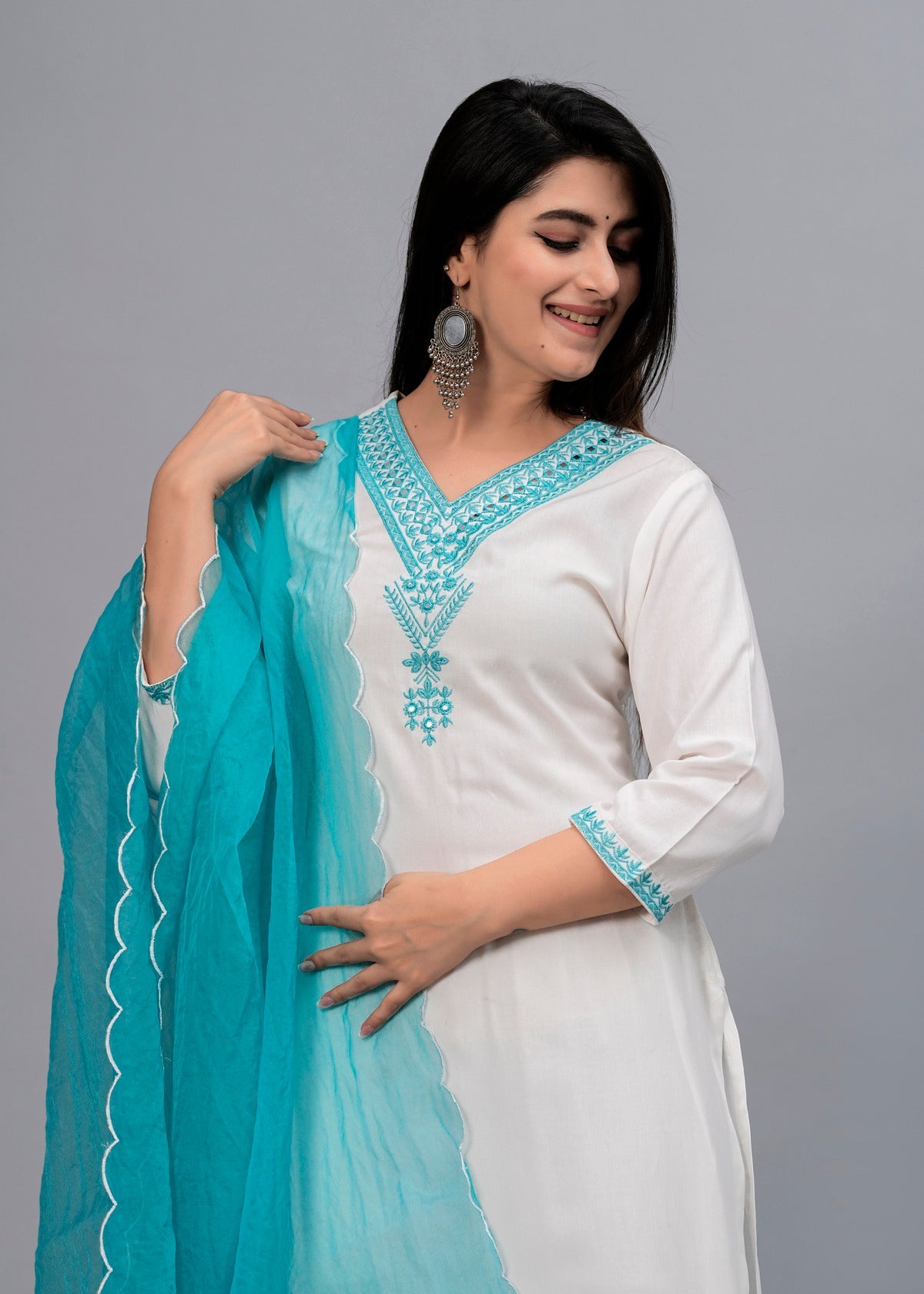 Women White Solid Embroidered Kurta with Trousers & Dupatta