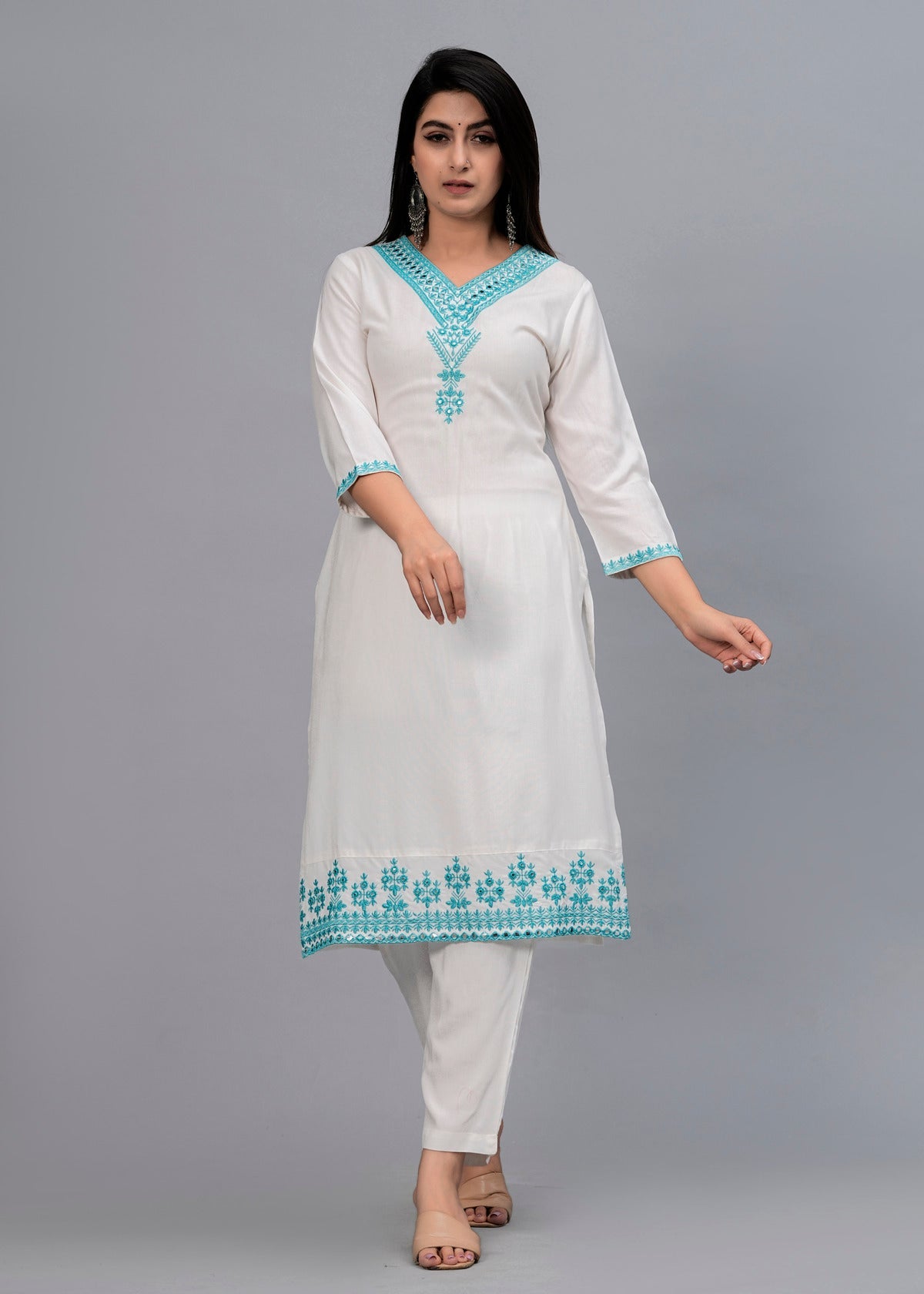 Women White Solid Embroidered Kurta with Trousers & Dupatta