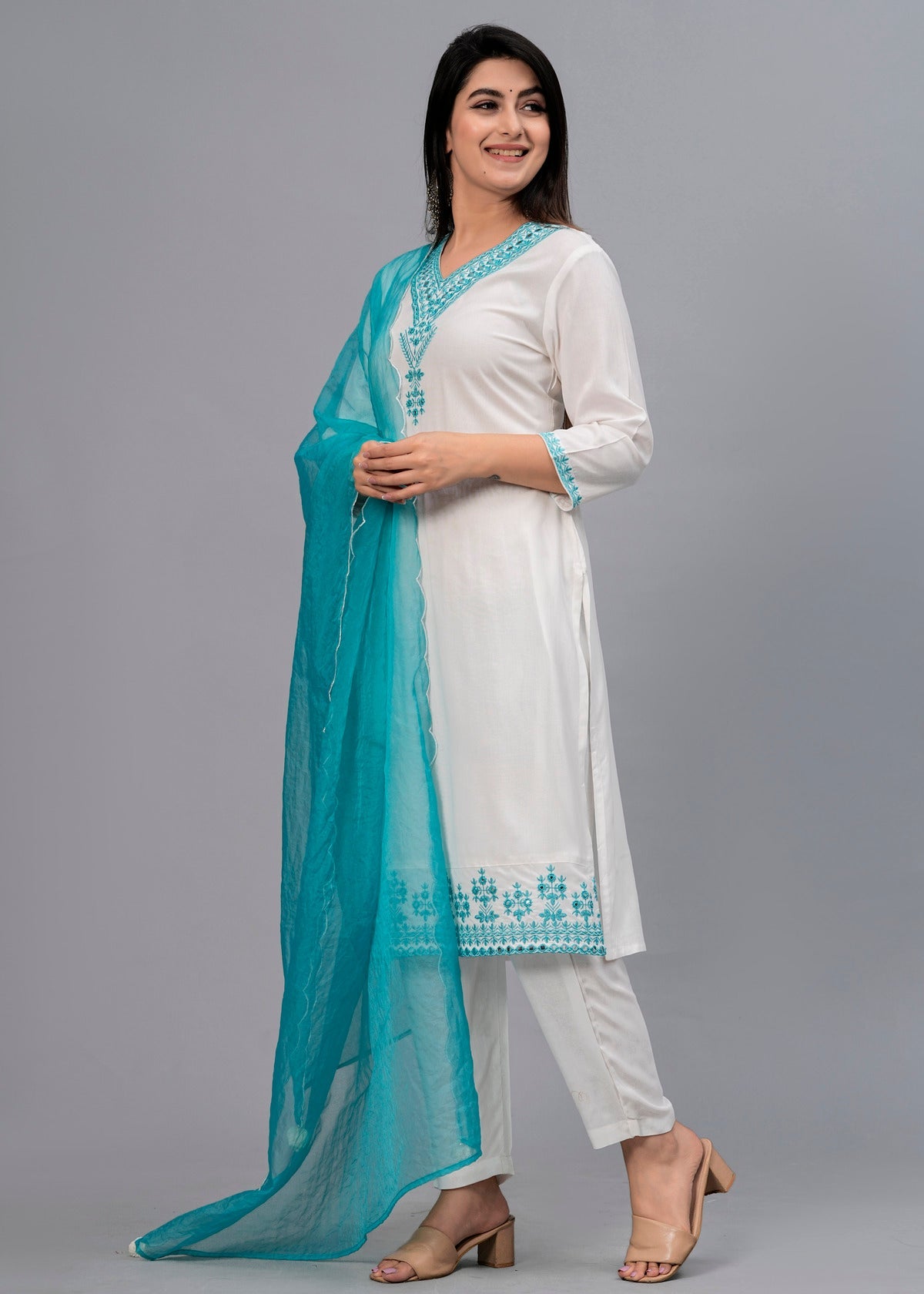 Women White Solid Embroidered Kurta with Trousers & Dupatta