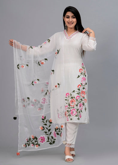 Women White Floral Printed Kurta with Trousers & Dupatta