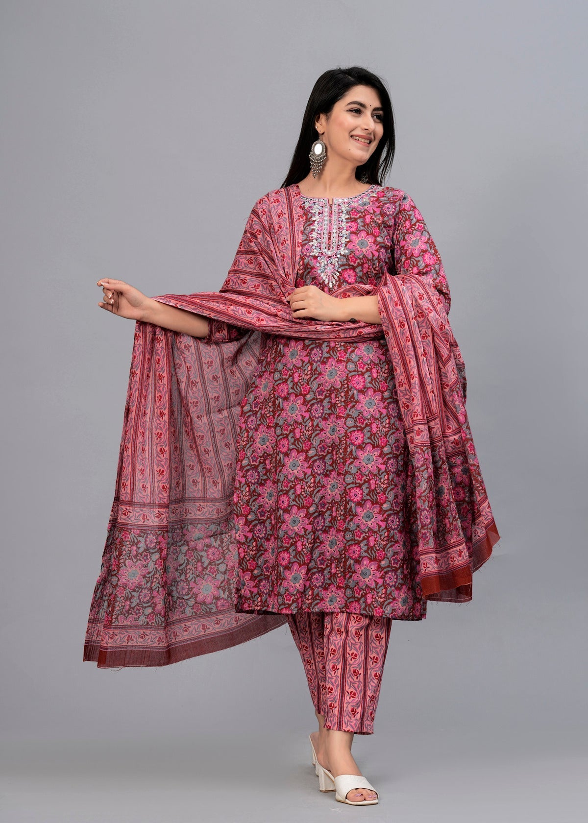 Women Rosewood Pink Floral Printed Kurta with Trousers & Dupatta