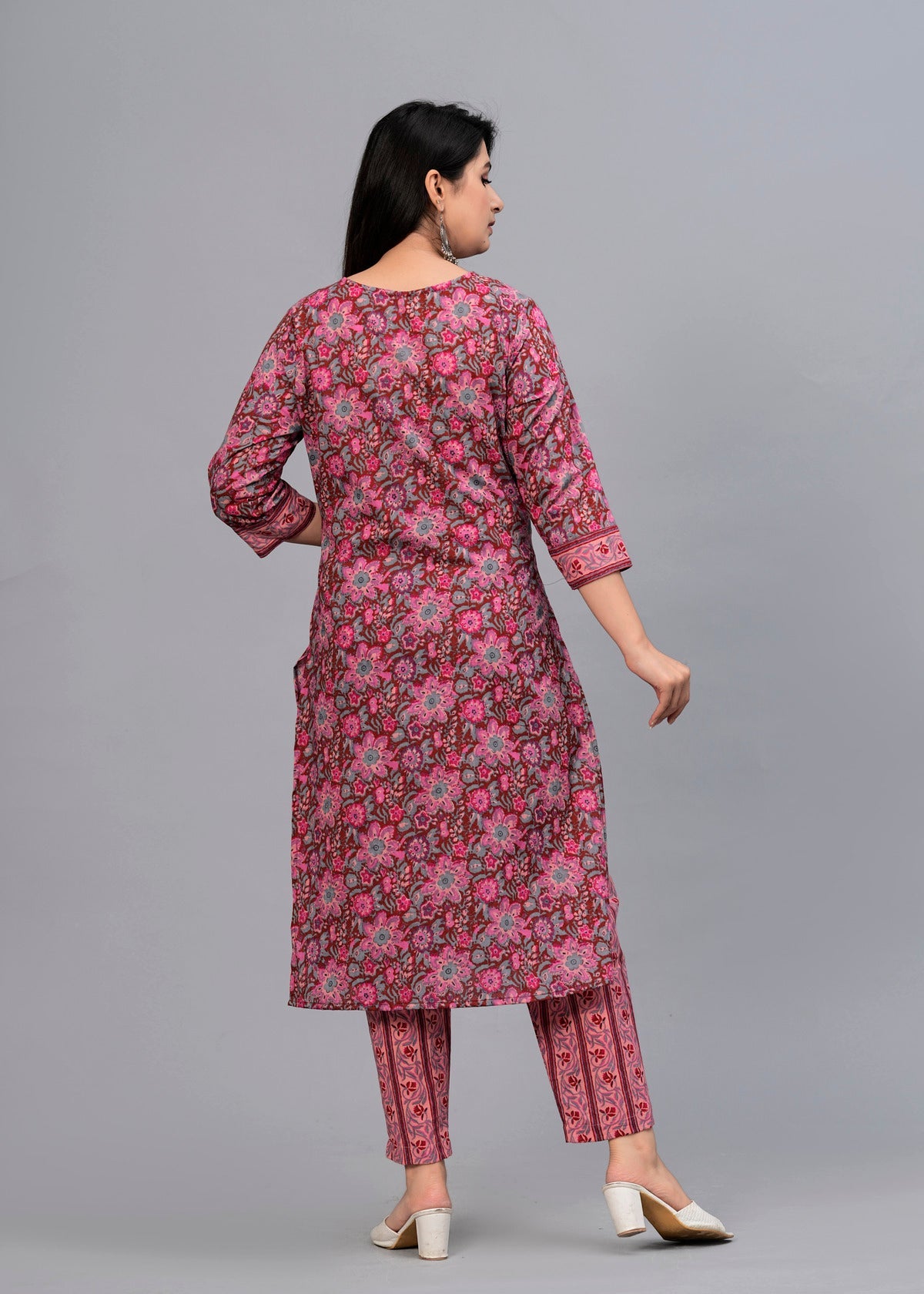 Women Rosewood Pink Floral Printed Kurta with Trousers & Dupatta