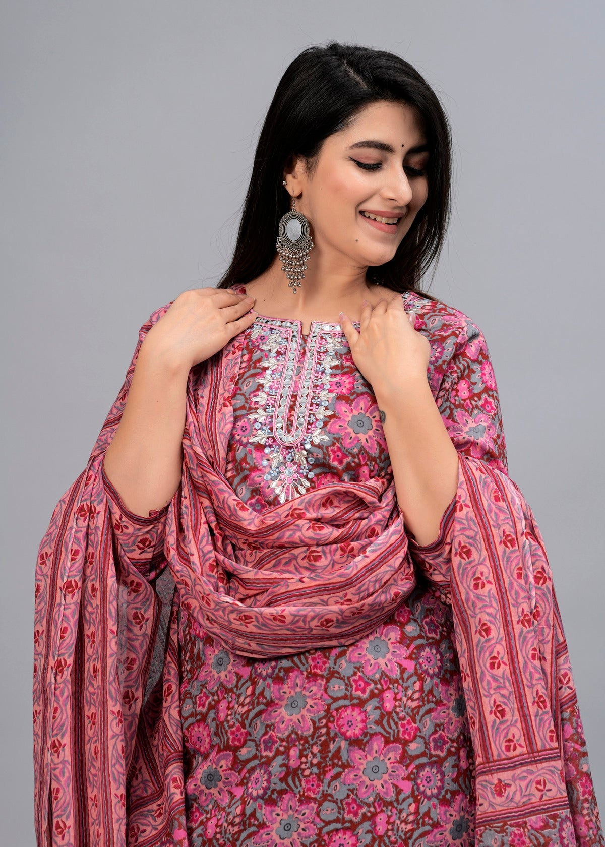 Women Rosewood Pink Floral Printed Kurta with Trousers & Dupatta