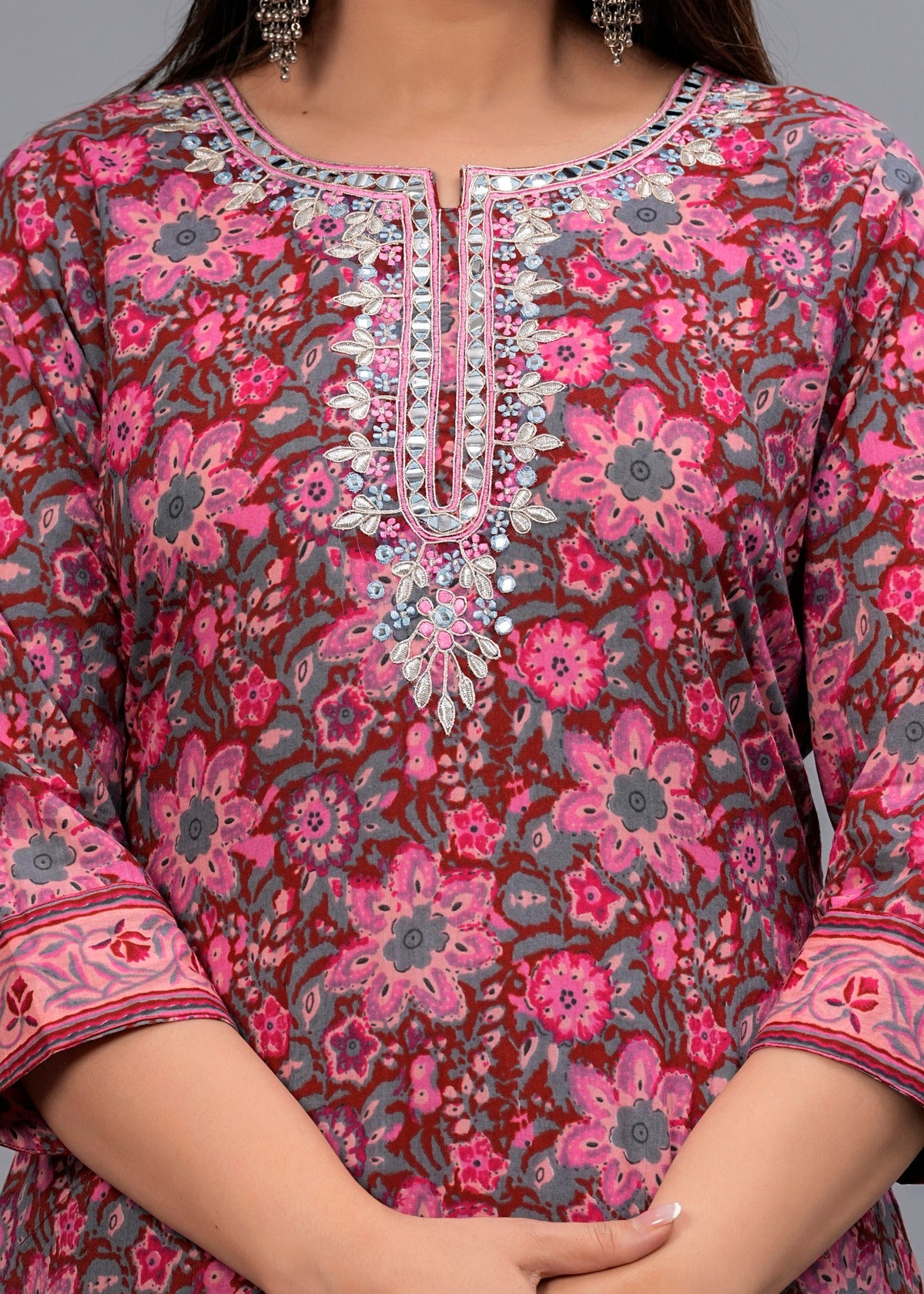 Women Rosewood Pink Floral Printed Kurta with Trousers & Dupatta