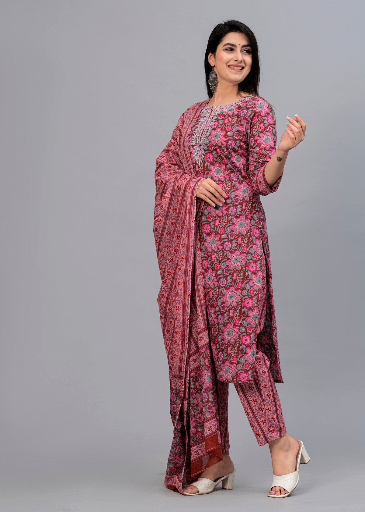 Women Rosewood Pink Floral Printed Kurta with Trousers & Dupatta