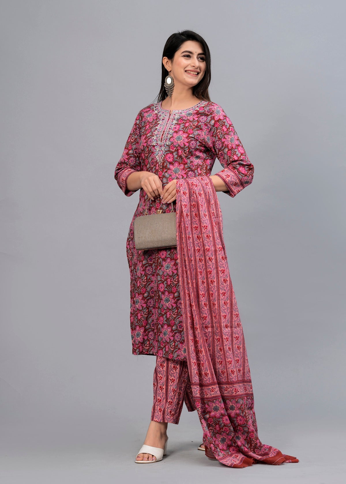 Women Rosewood Pink Floral Printed Kurta with Trousers & Dupatta