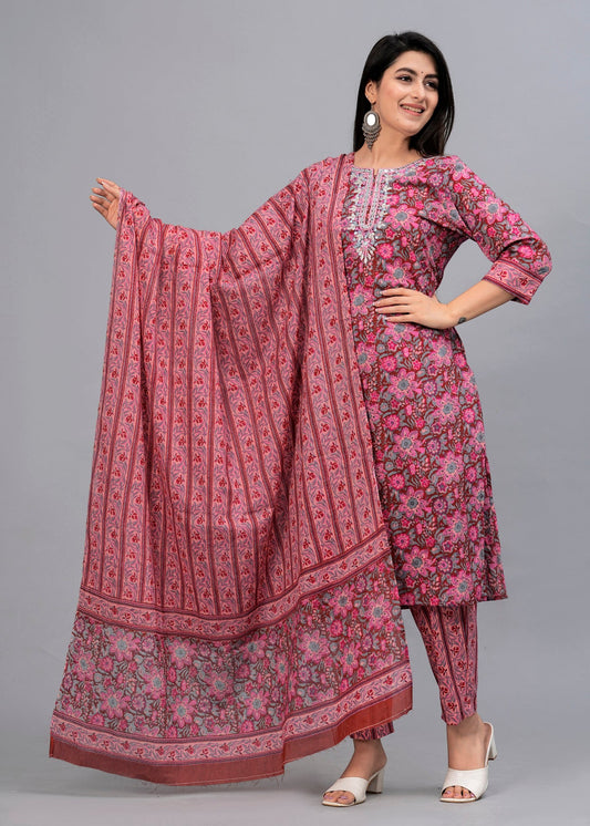 Women Rosewood Pink Floral Printed Kurta with Trousers & Dupatta