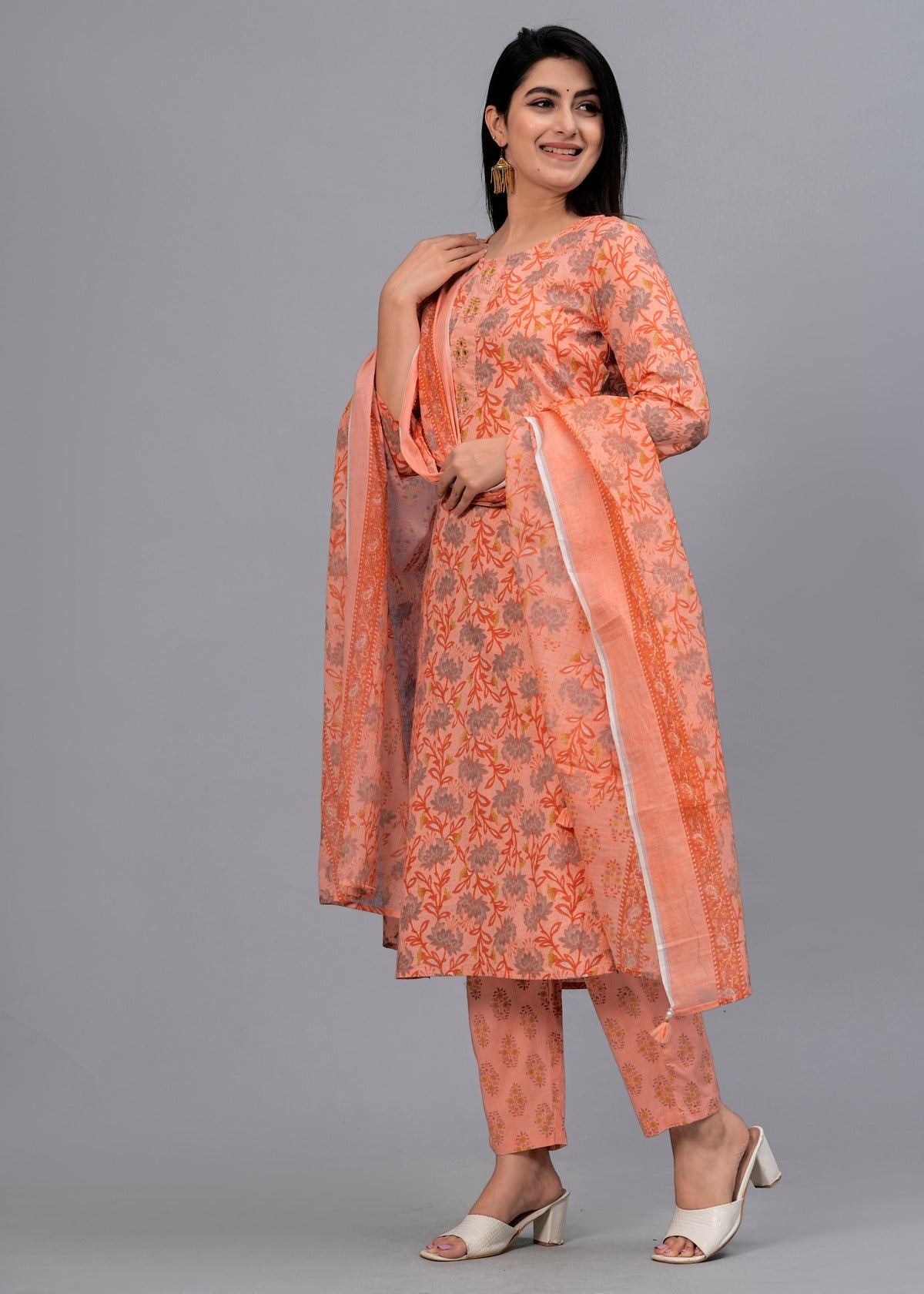 Peach Floral Beads and Stones Kurta with Trousers & Dupatta