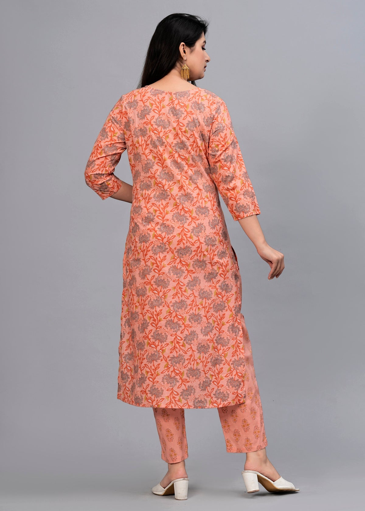 Peach Floral Beads and Stones Kurta with Trousers & Dupatta