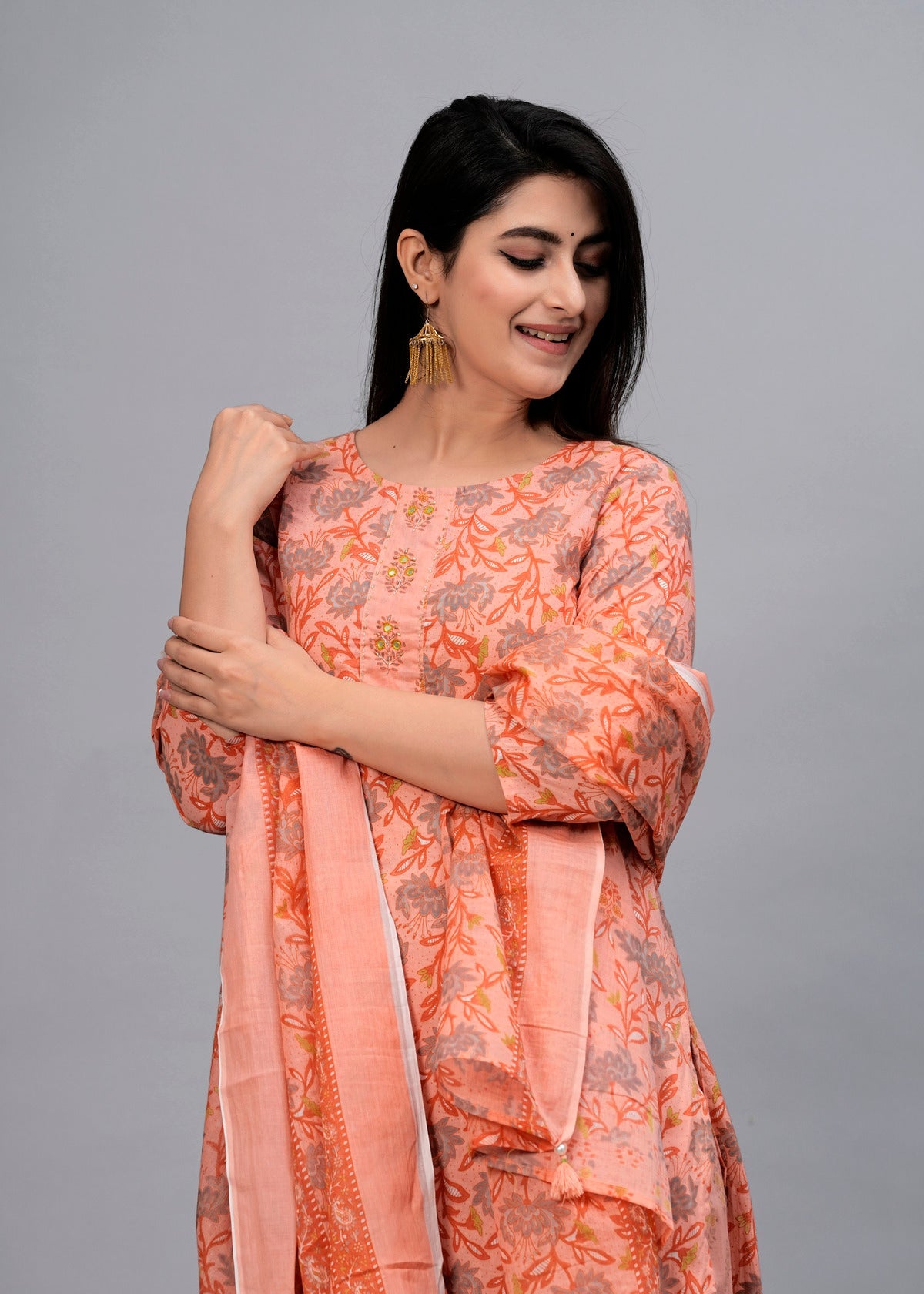 Peach Floral Beads and Stones Kurta with Trousers & Dupatta