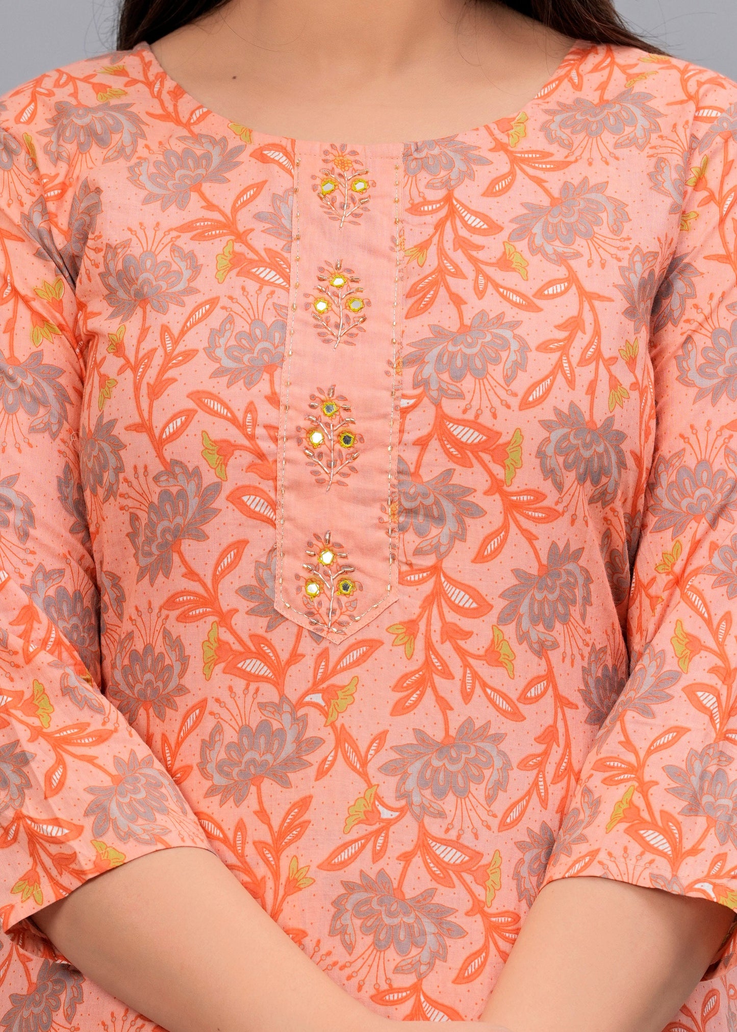 Peach Floral Beads and Stones Kurta with Trousers & Dupatta