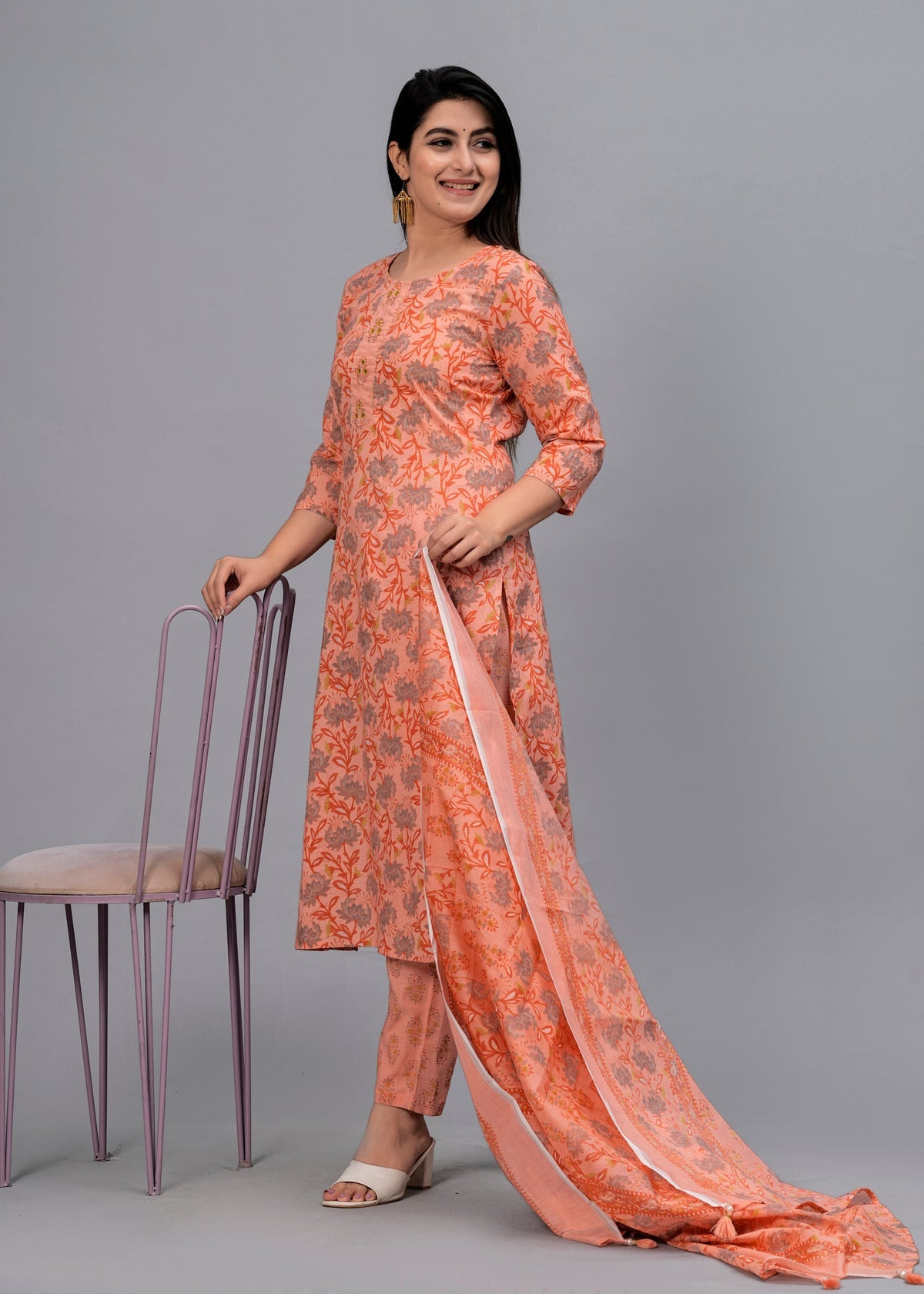 Peach Floral Beads and Stones Kurta with Trousers & Dupatta