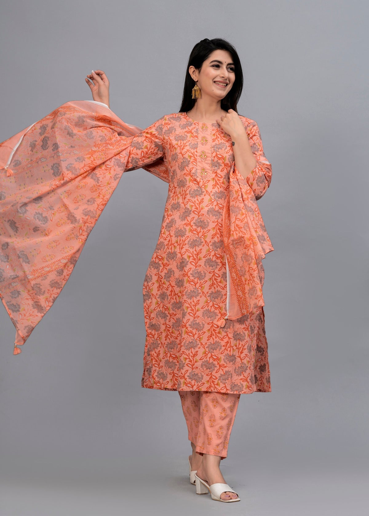 Peach Floral Beads and Stones Kurta with Trousers & Dupatta