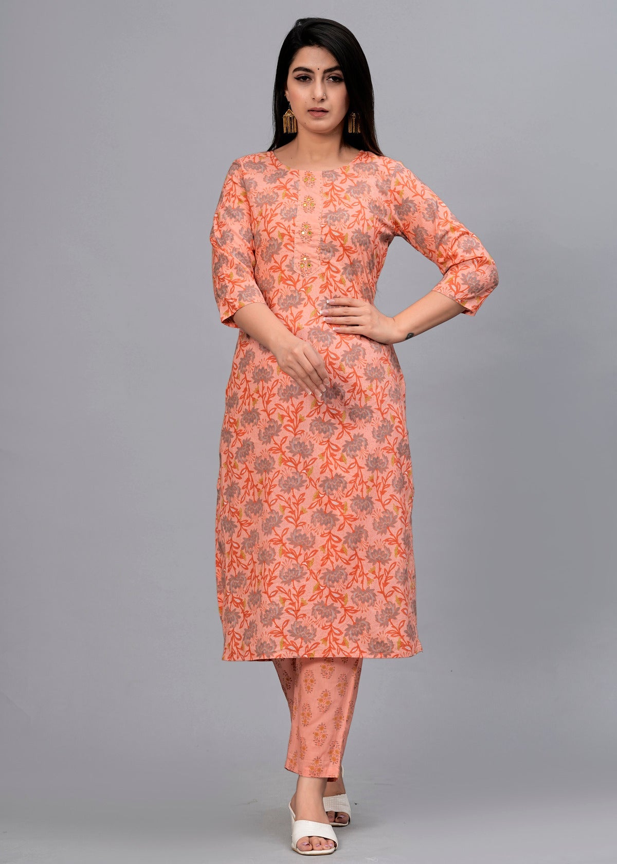 Peach Floral Beads and Stones Kurta with Trousers & Dupatta