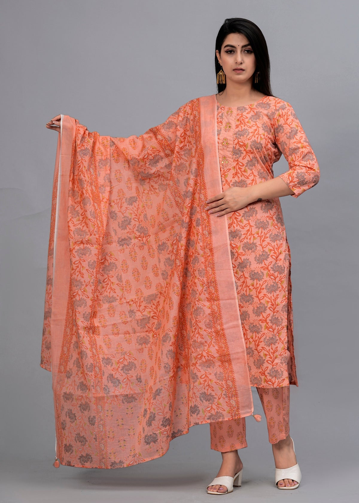 Peach Floral Beads and Stones Kurta with Trousers & Dupatta