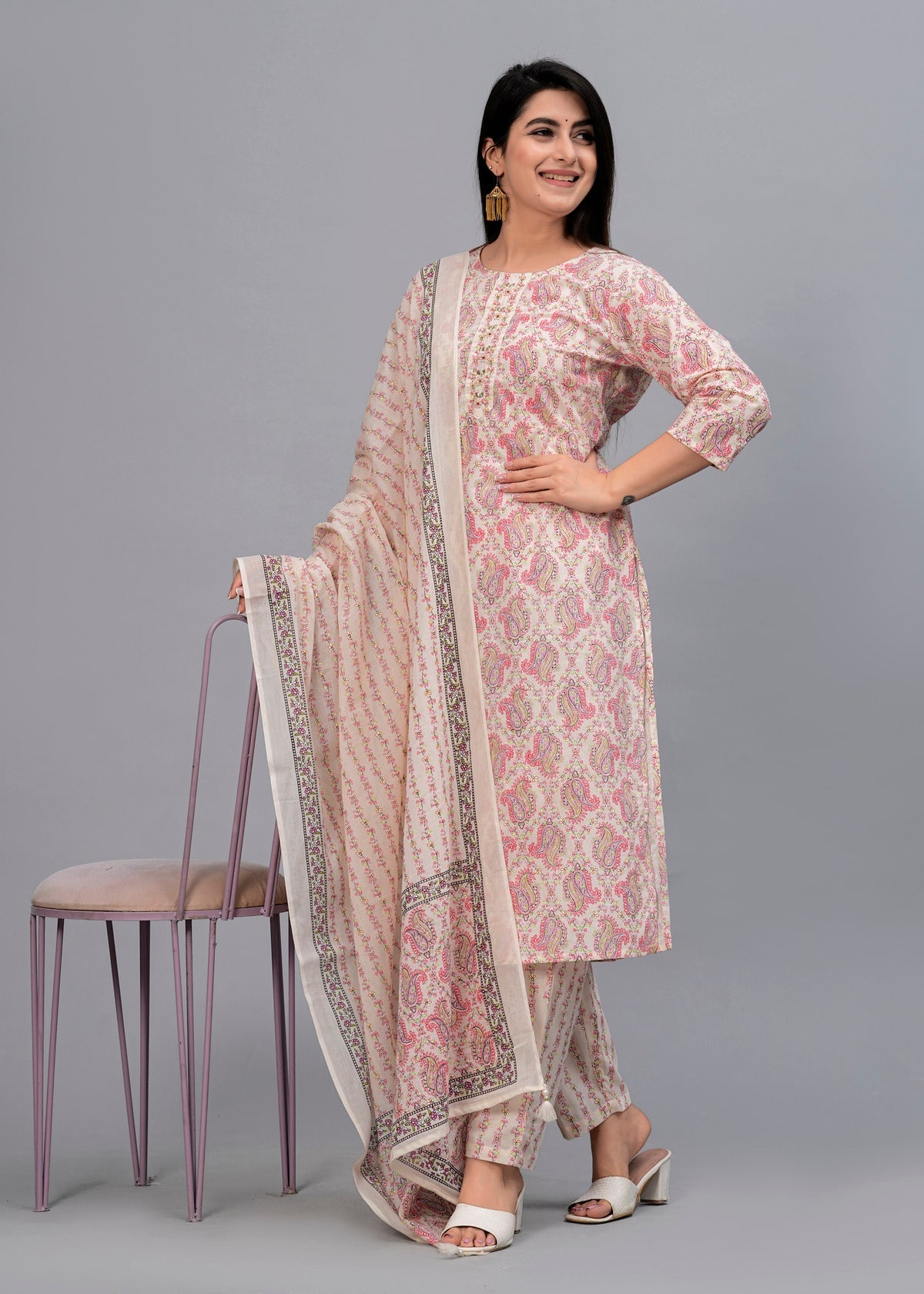 Pink Paisley Gotta Patti Kurta with Trousers & Dupatta