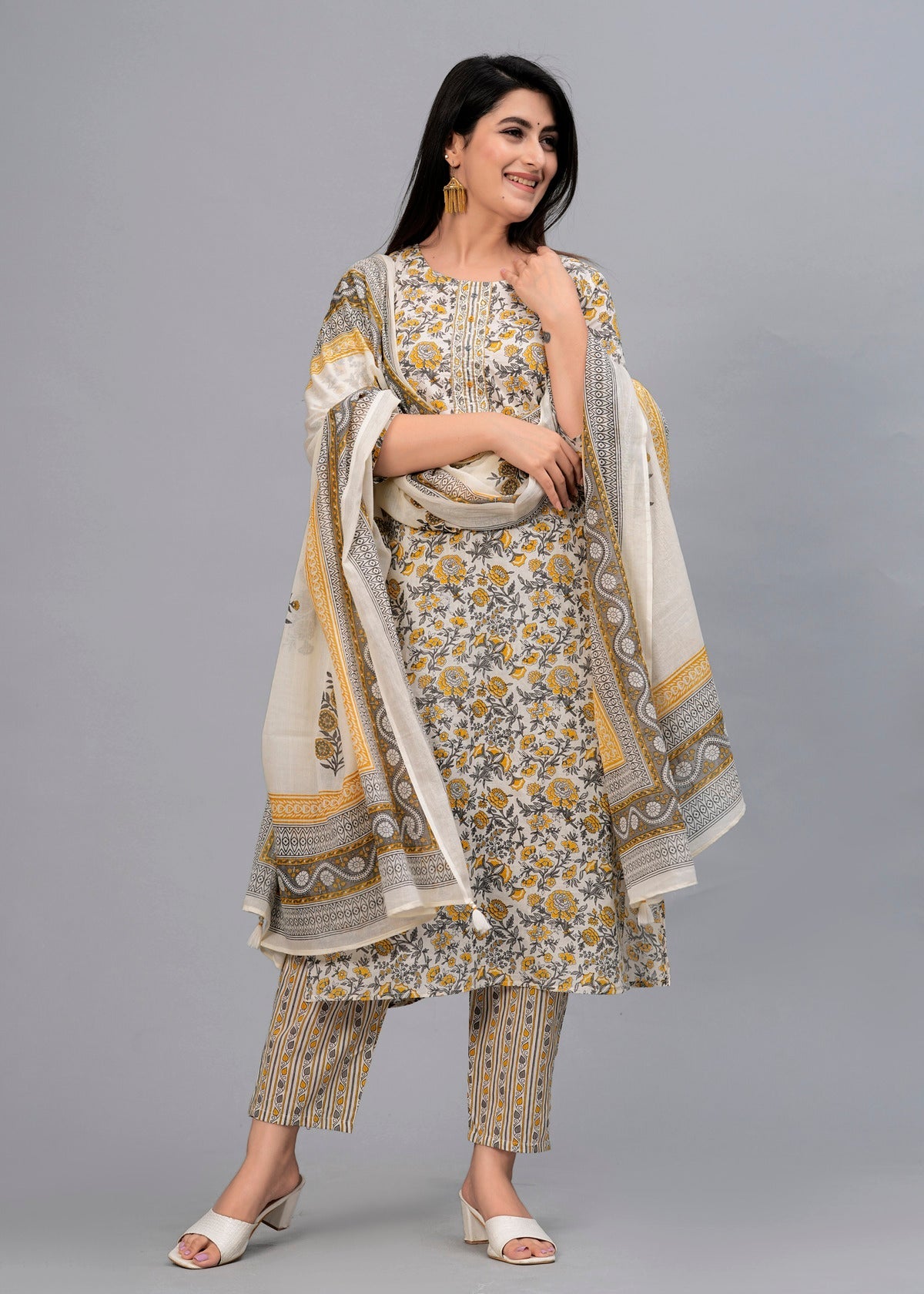 Yellow Floral Sequinned Kurta with Trousers & Dupatta