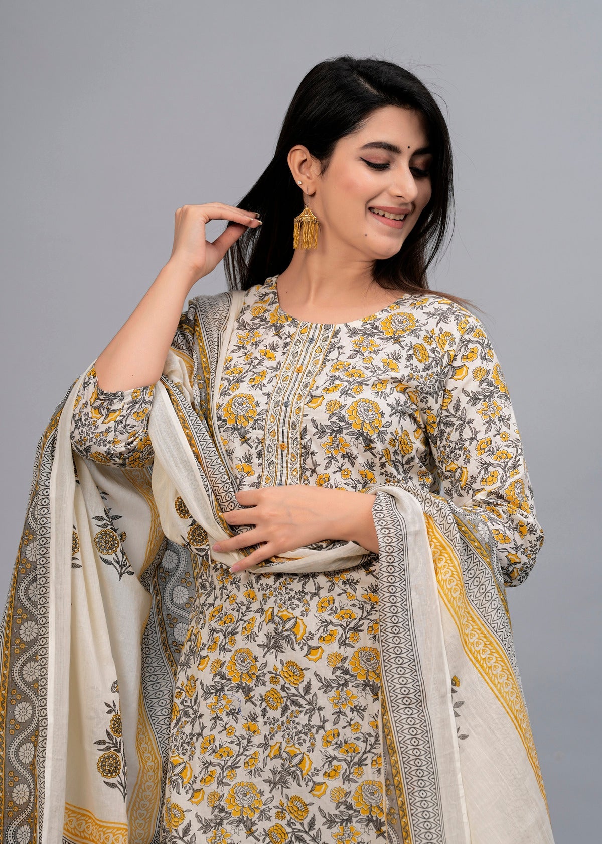 Yellow Floral Sequinned Kurta with Trousers & Dupatta