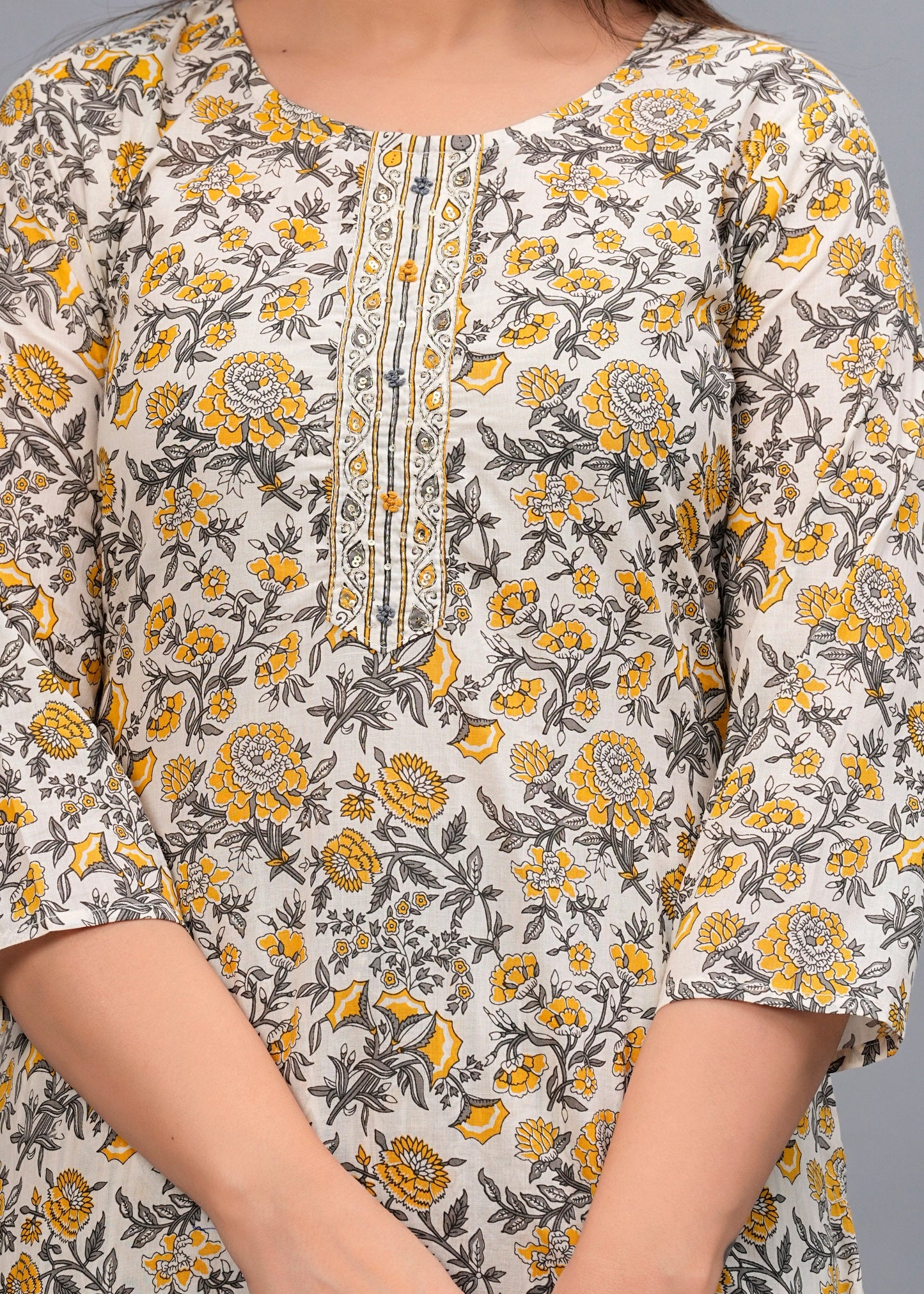 Yellow Floral Sequinned Kurta with Trousers & Dupatta