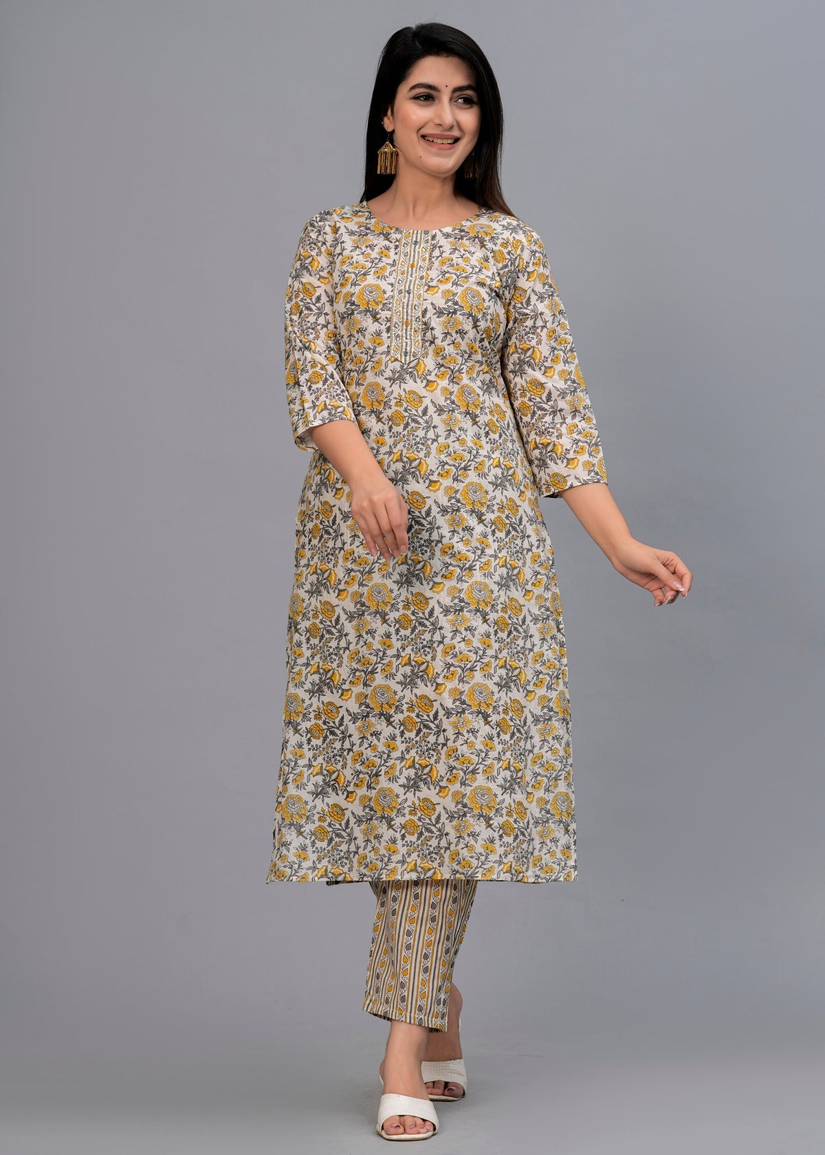 Yellow Floral Sequinned Kurta with Trousers & Dupatta