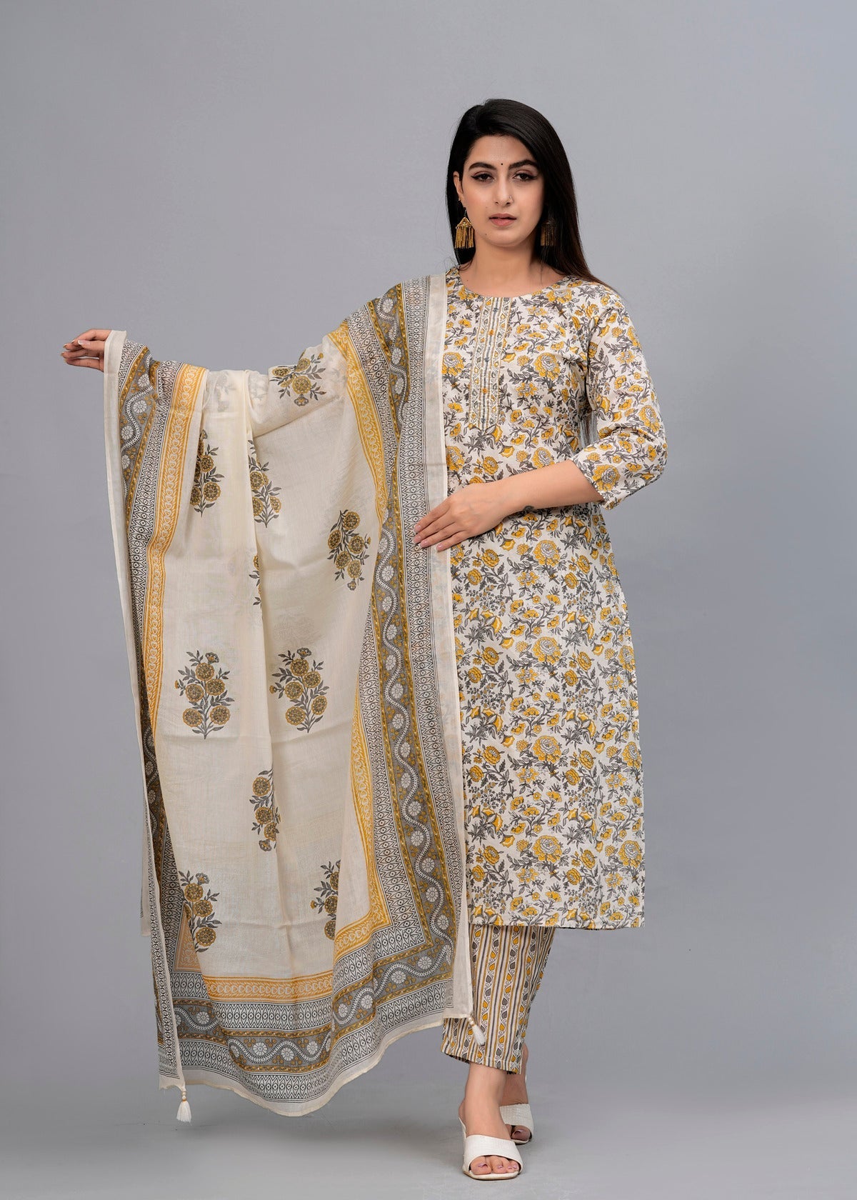 Yellow Floral Sequinned Kurta with Trousers & Dupatta