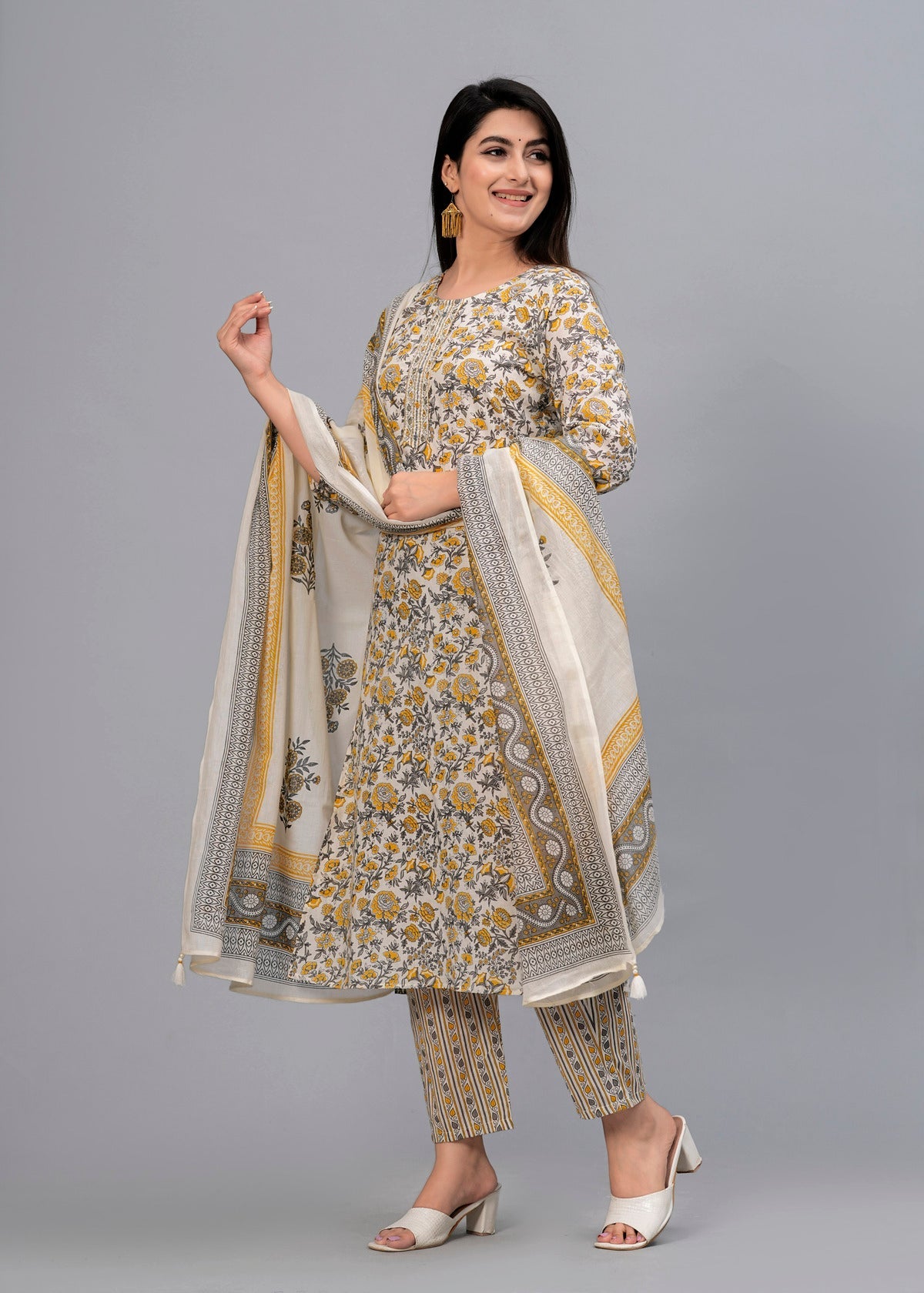 Yellow Floral Sequinned Kurta with Trousers & Dupatta