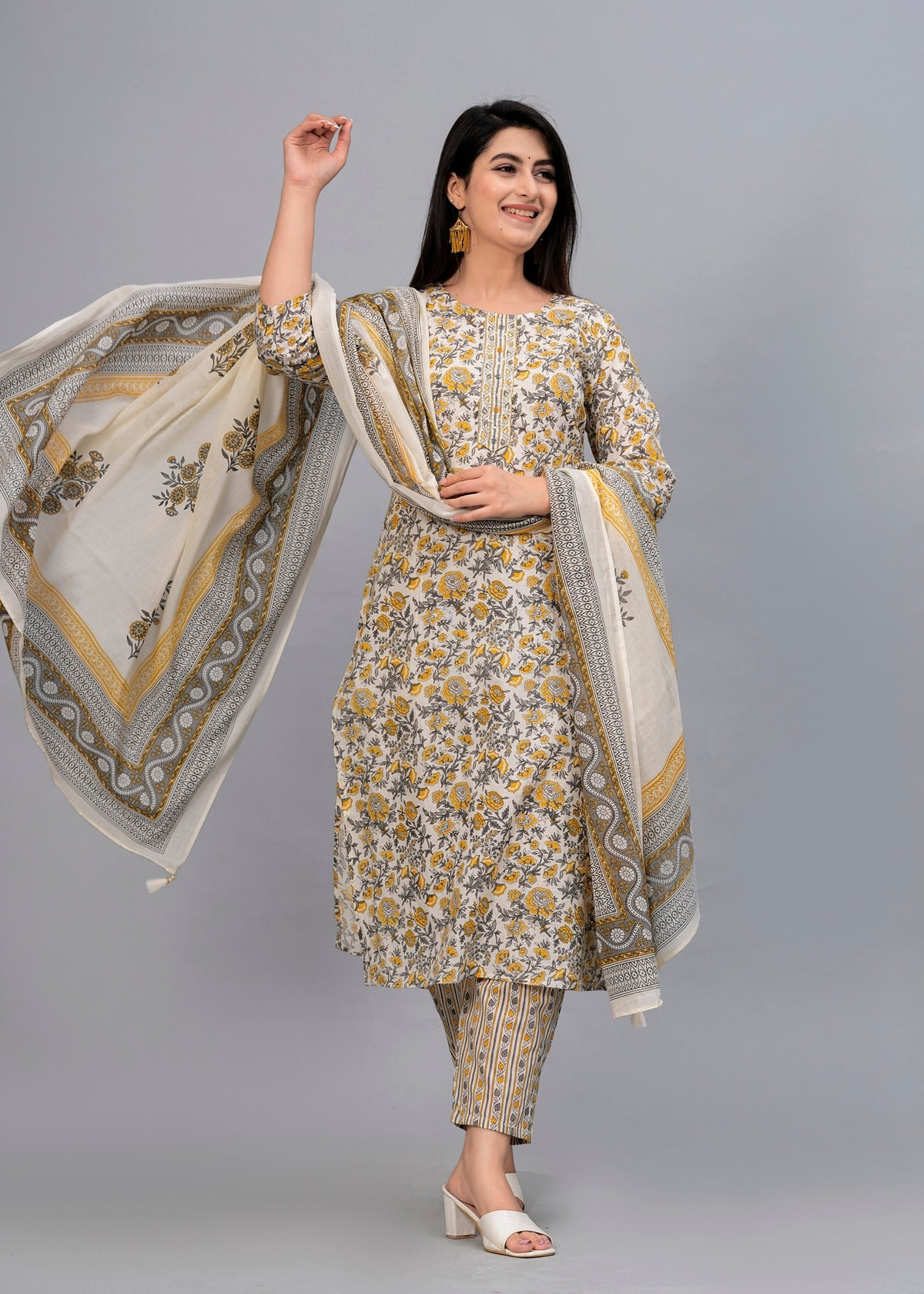 Yellow Floral Sequinned Kurta with Trousers & Dupatta