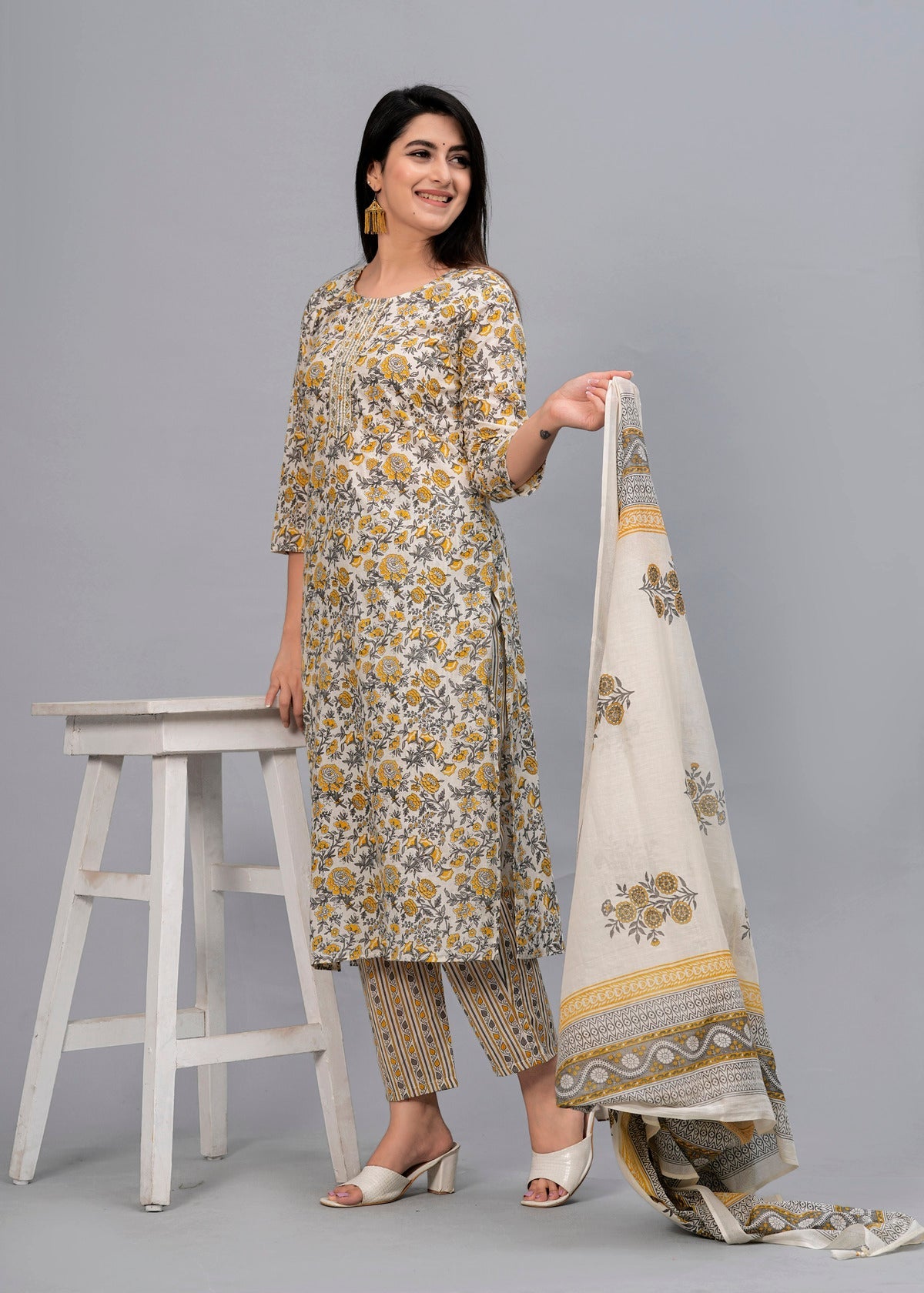 Yellow Floral Sequinned Kurta with Trousers & Dupatta