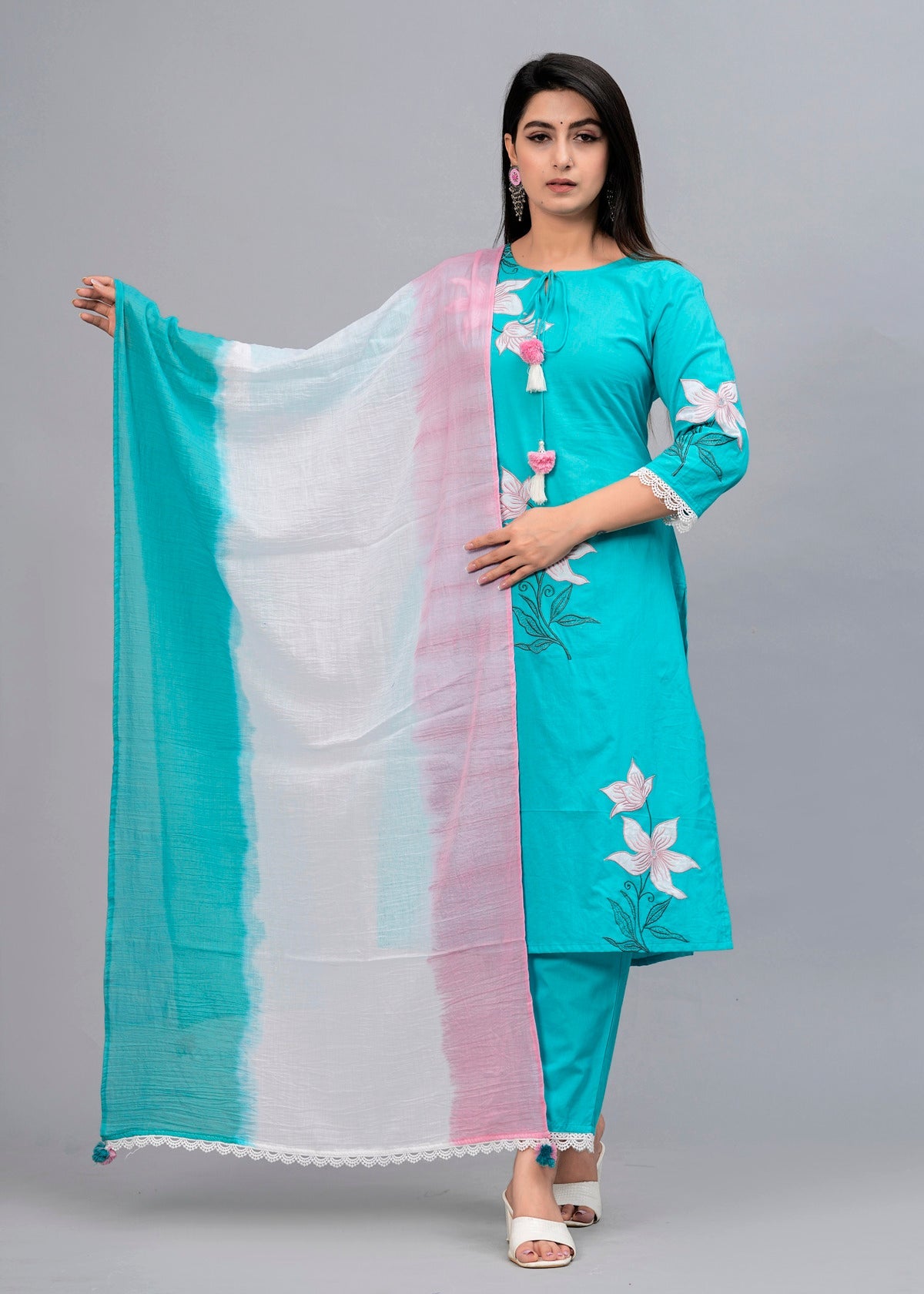 Women Turquoise Blue Floral Embroidered Kurta with Trousers & Dupatta